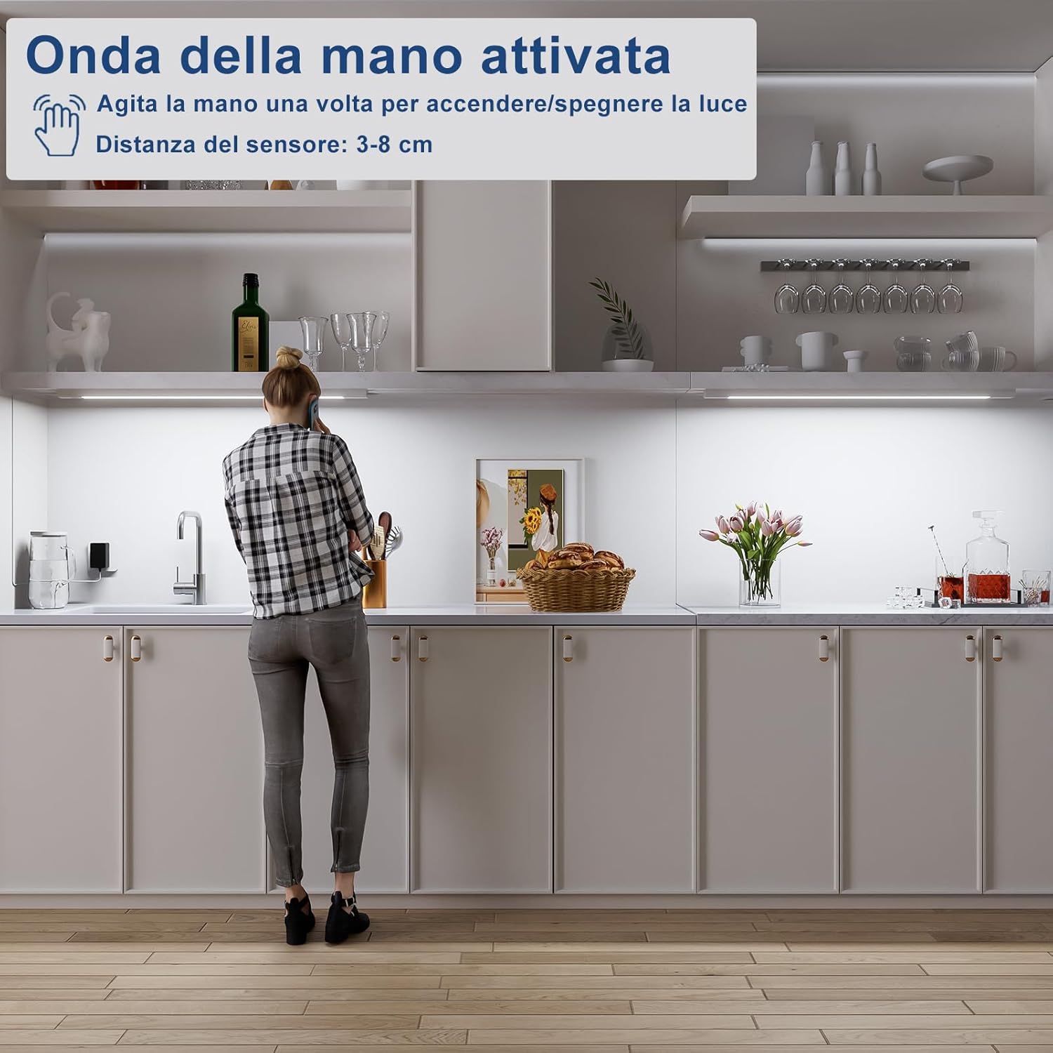 WOBANE Luce Sottopensile Cucina Led 2 * 60cm, Led Cucina con Sensore Senza Contatto Dimmerabile, 120cm Strisce Led Cucina Sottopensile con Presa e Filo per Sotto Mensola,Vetrine, Bianco Freddo 6000K - immagine 2