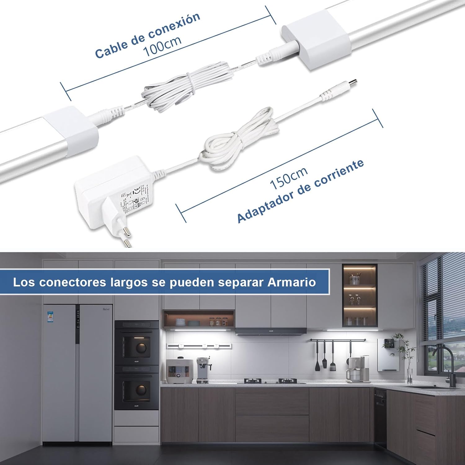 WOBANE Luce Sottopensile Cucina Led 2 * 60cm, Led Cucina con Sensore Senza Contatto Dimmerabile, 120cm Strisce Led Cucina Sottopensile con Presa e Filo per Sotto Mensola,Vetrine, Bianco Freddo 6000K - immagine 5