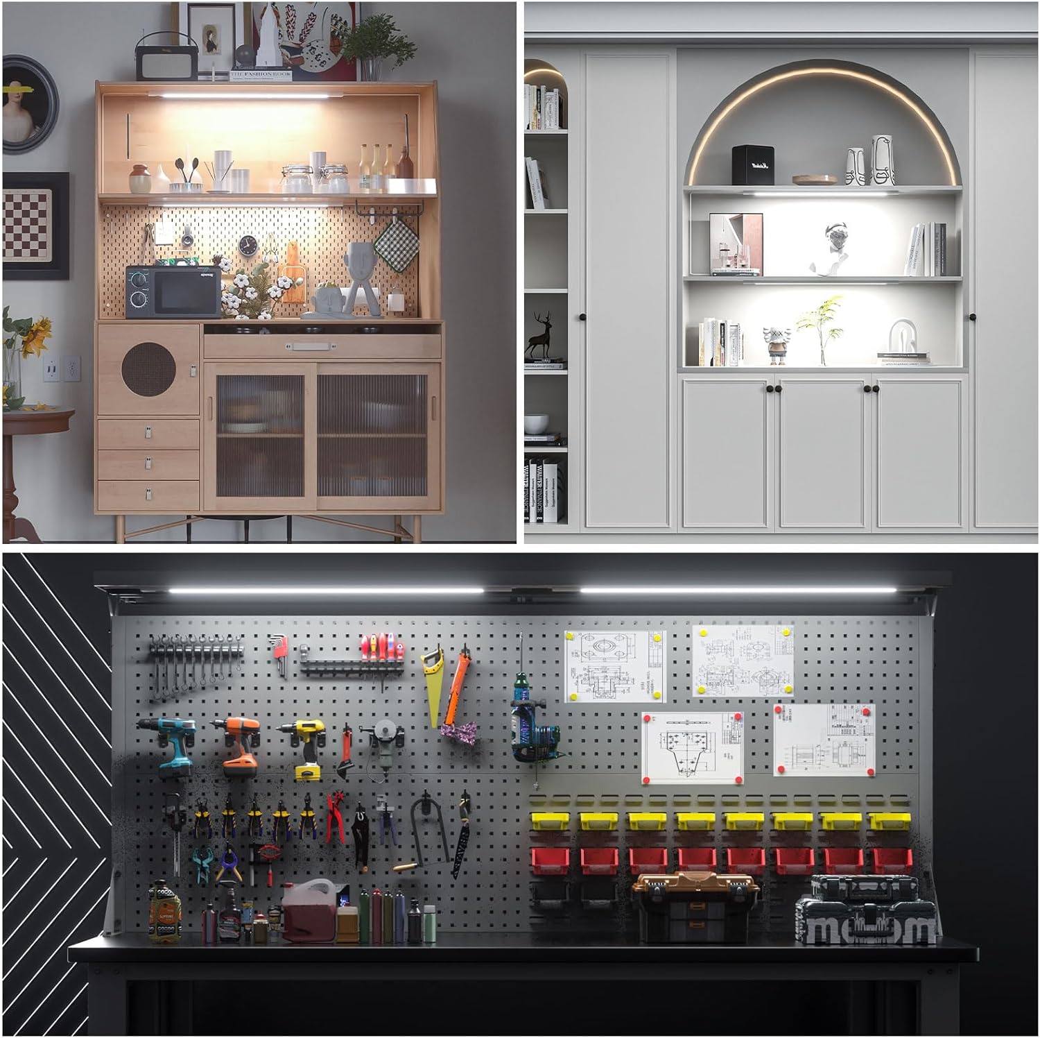 WOBANE Luce Sottopensile Cucina Led 2 * 60cm, Led Cucina con Sensore Senza Contatto Dimmerabile, 120cm Strisce Led Cucina Sottopensile con Presa e Filo per Sotto Mensola,Vetrine, Bianco Freddo 6000K - immagine 6