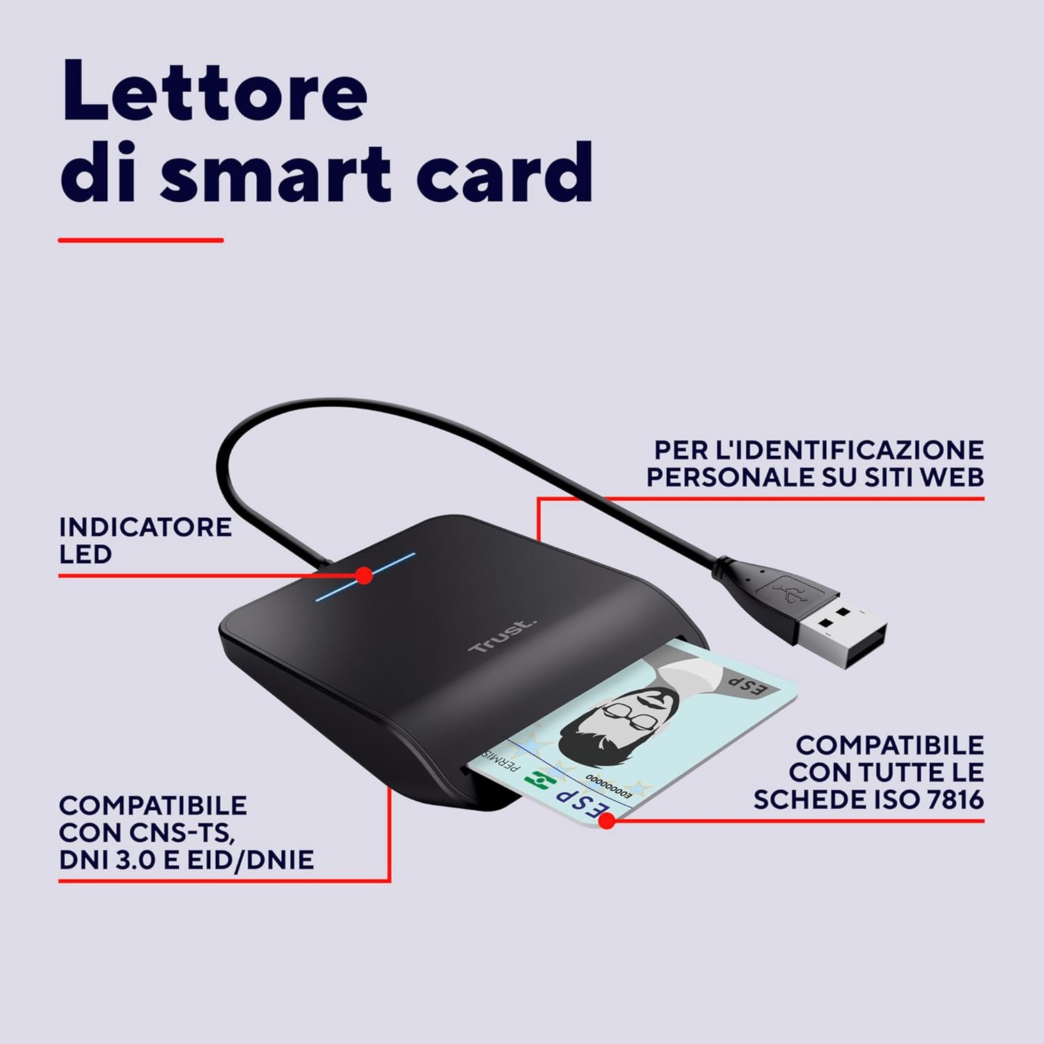Trust Primo Lettore di Smart Card USB Plug & Play, Nero - immagine 2
