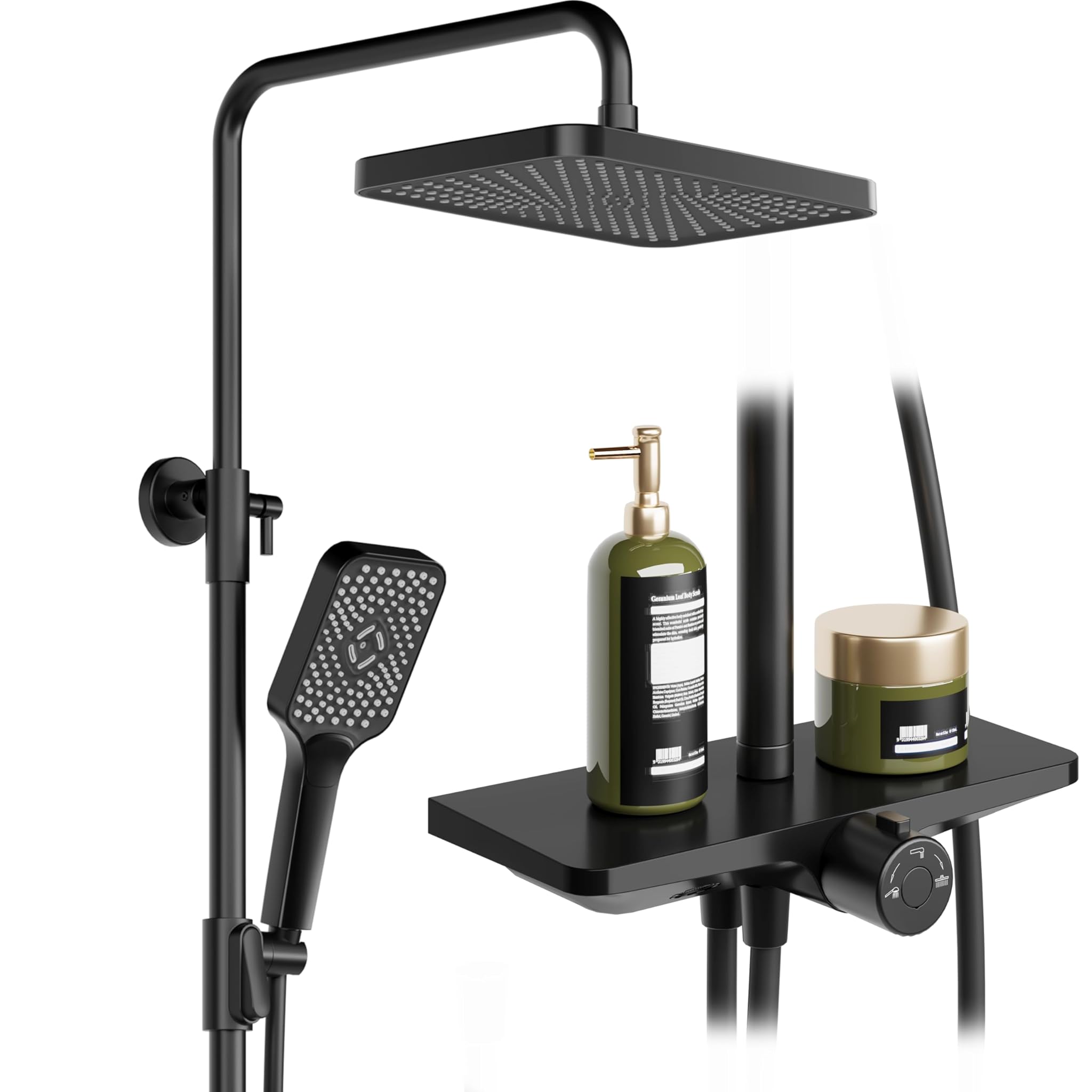 Doccia a Pioggia con Ripiano - Soffione Quadrato 25x25cm, Nero