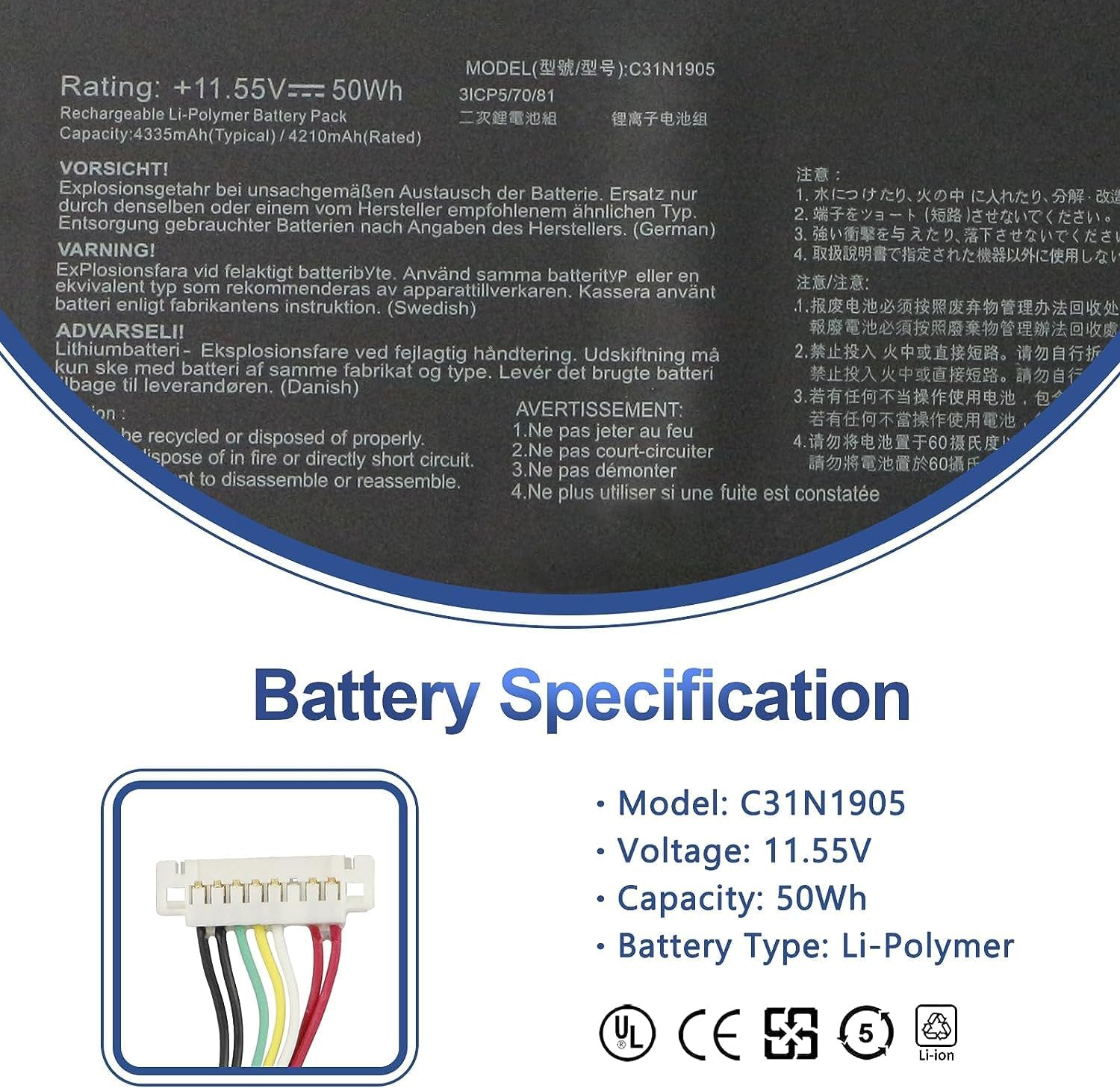 Antiee C31N1905 Batteria Laptop 50Wh 11.55V - immagine 2