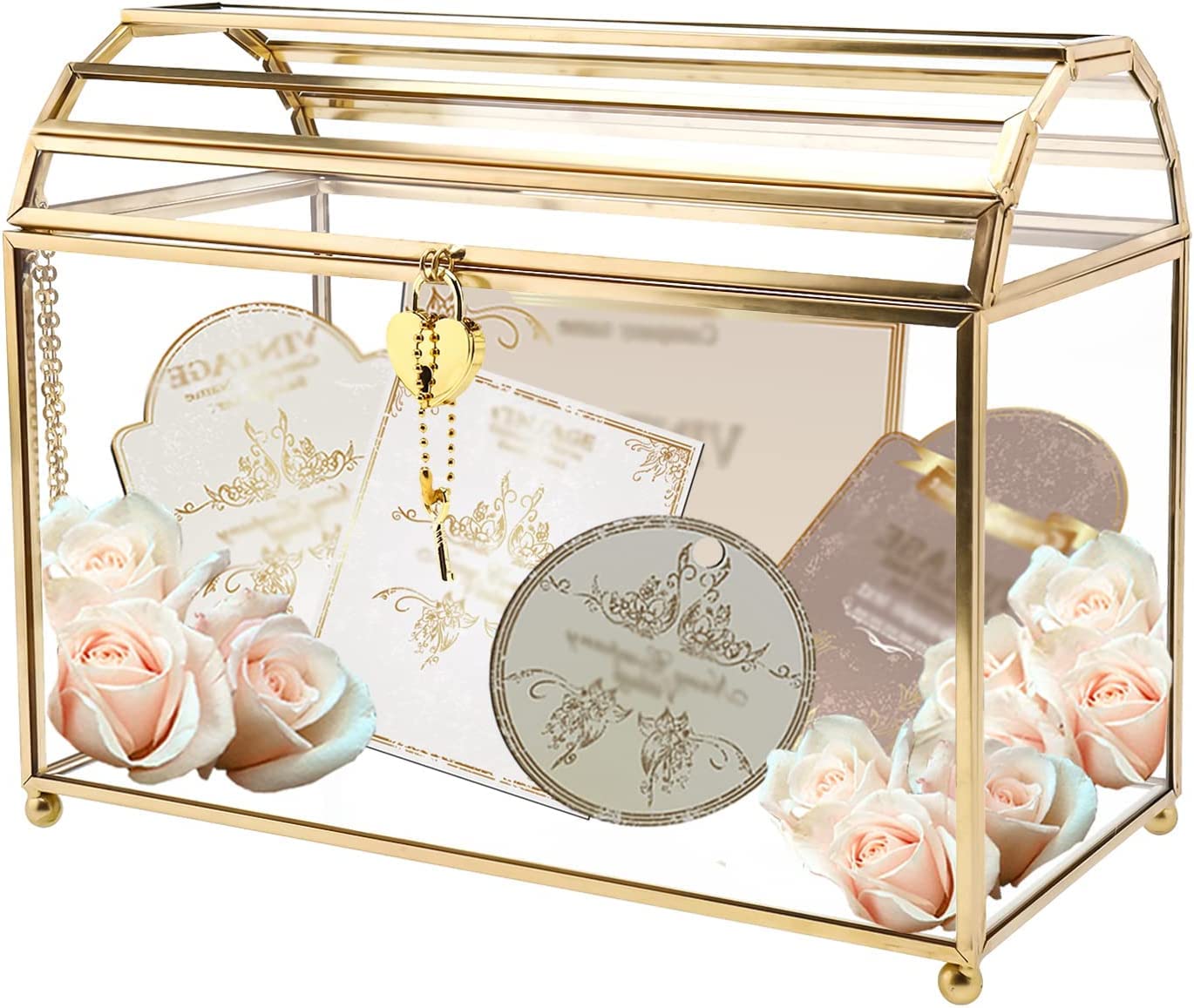 Homtone Scatola Vetro Grande 26 cm con Serratura, Dorata