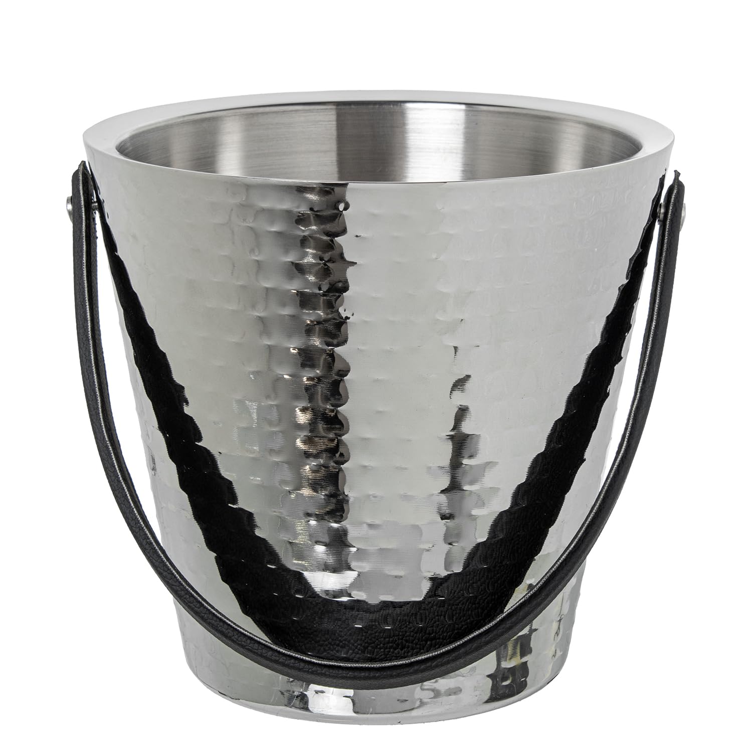 CUBO CHAMPANERA ACERO INOX. C/ASA CUERO, MARTILLADO BRILLO_°23X22CM BASE:°16CM