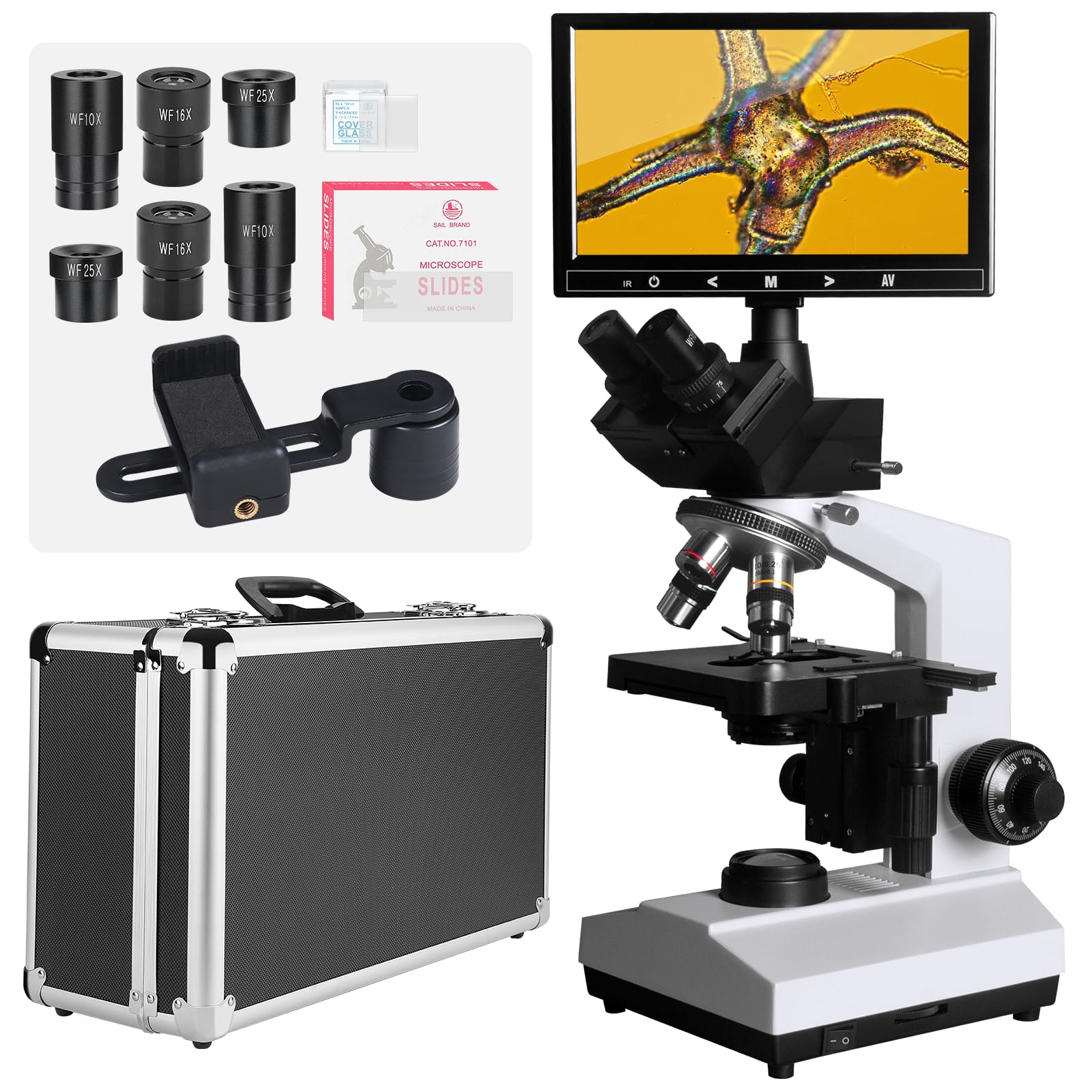 Lab - Microscopio Trinoculare 40X-2500X con Monitor 7"