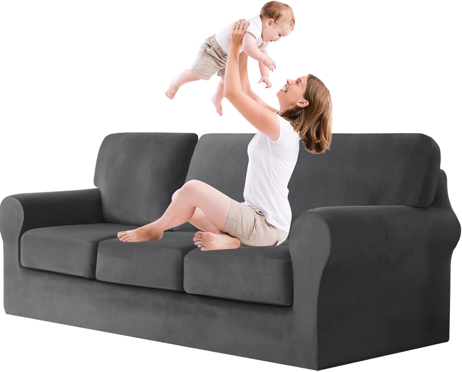 jianyana Copridivano in Velluto Antiscivolo, Grigio 3 Posti