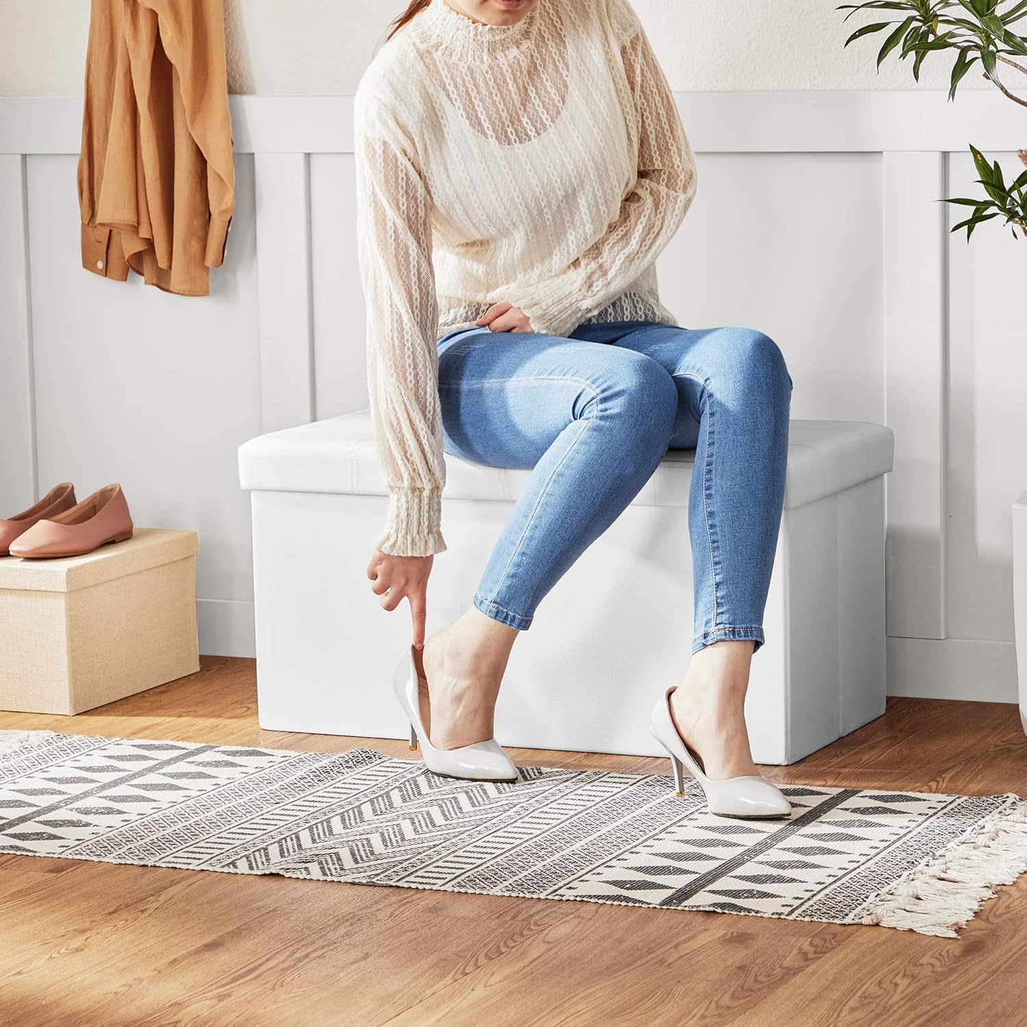 SONGMICS Cassapanca Contenitore 80L Pieghevole, Bianco - immagine 5