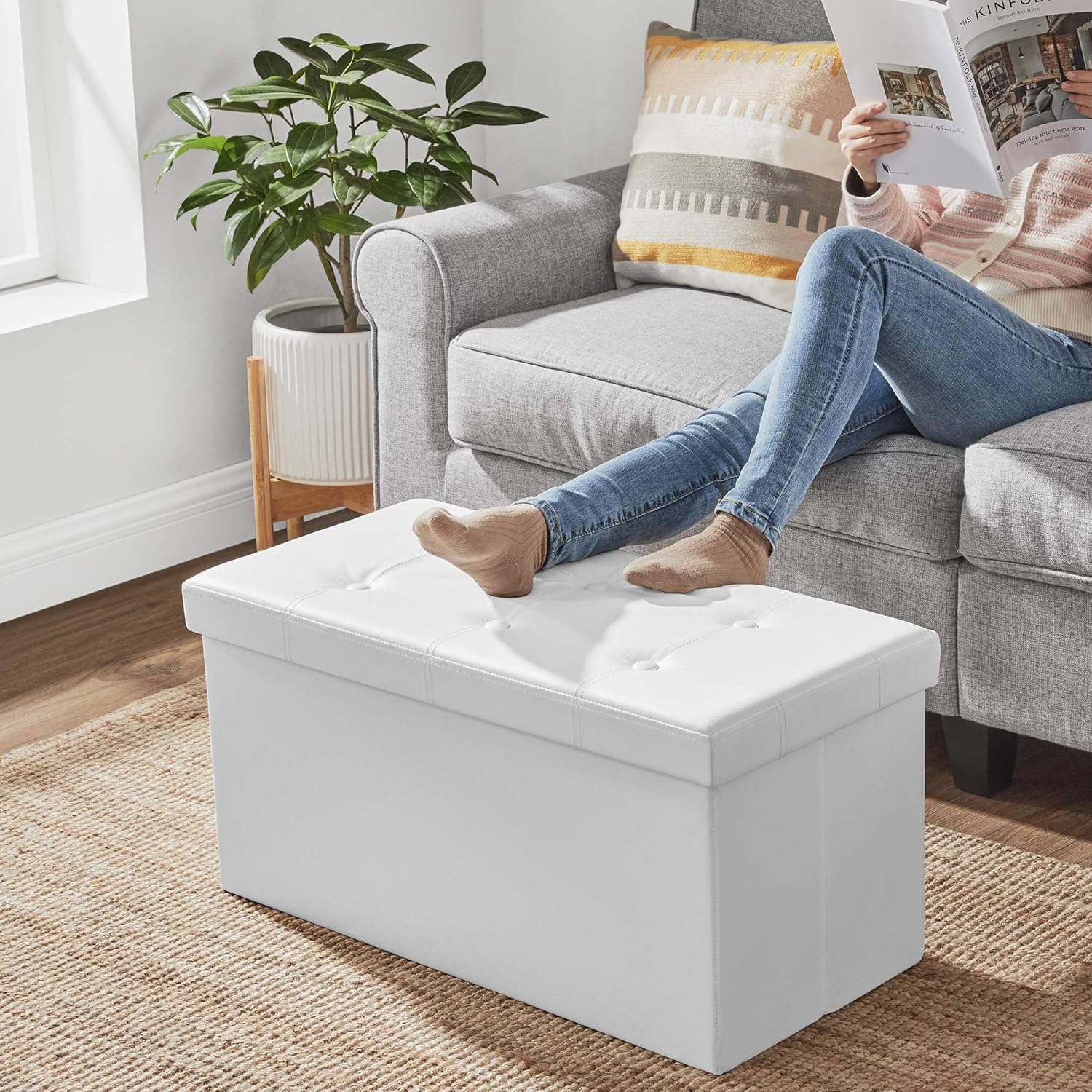 SONGMICS Cassapanca Contenitore 80L Pieghevole, Bianco - immagine 7