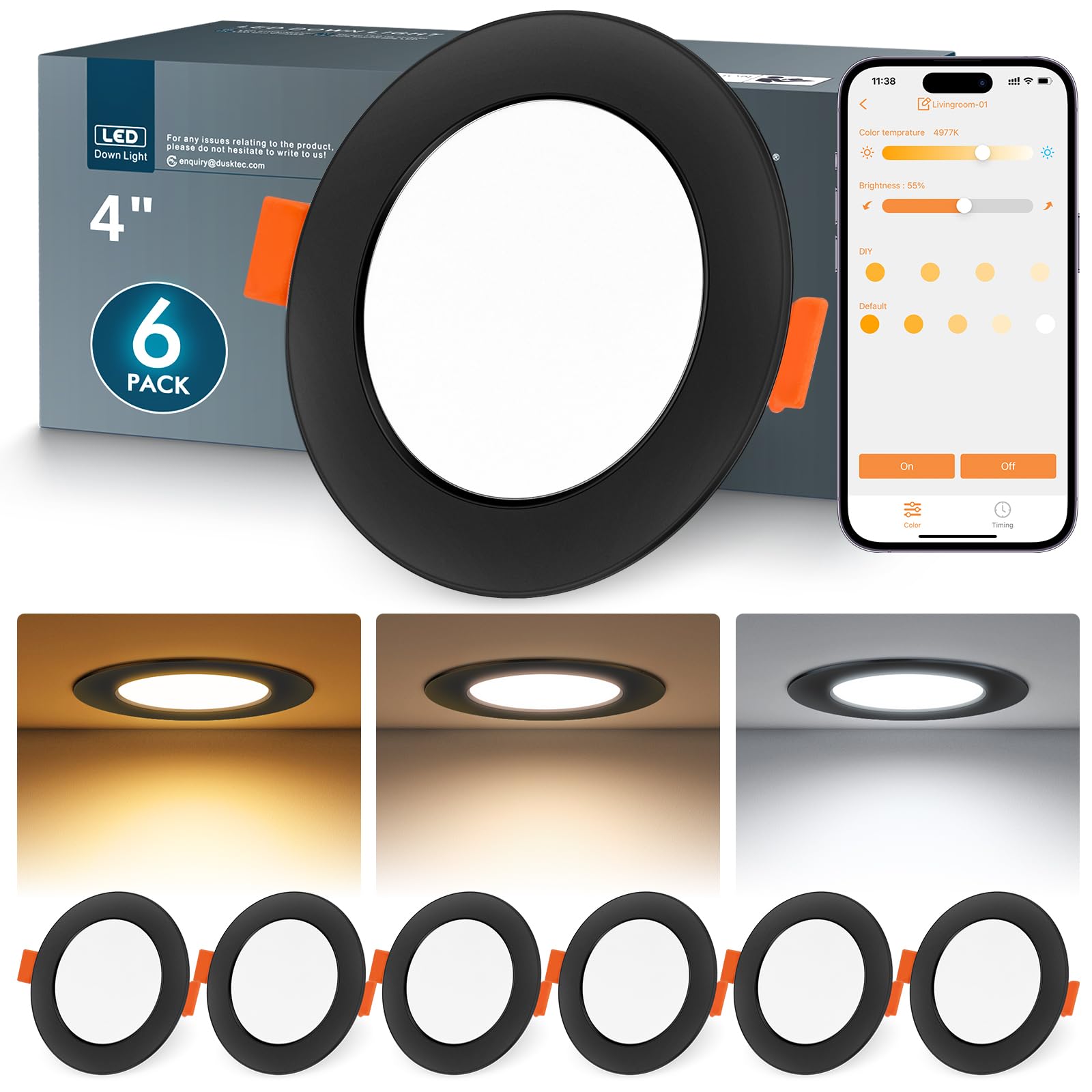 Dusktec Faretti LED Incasso Smart Bluetooth Neri (6 Pezzi)