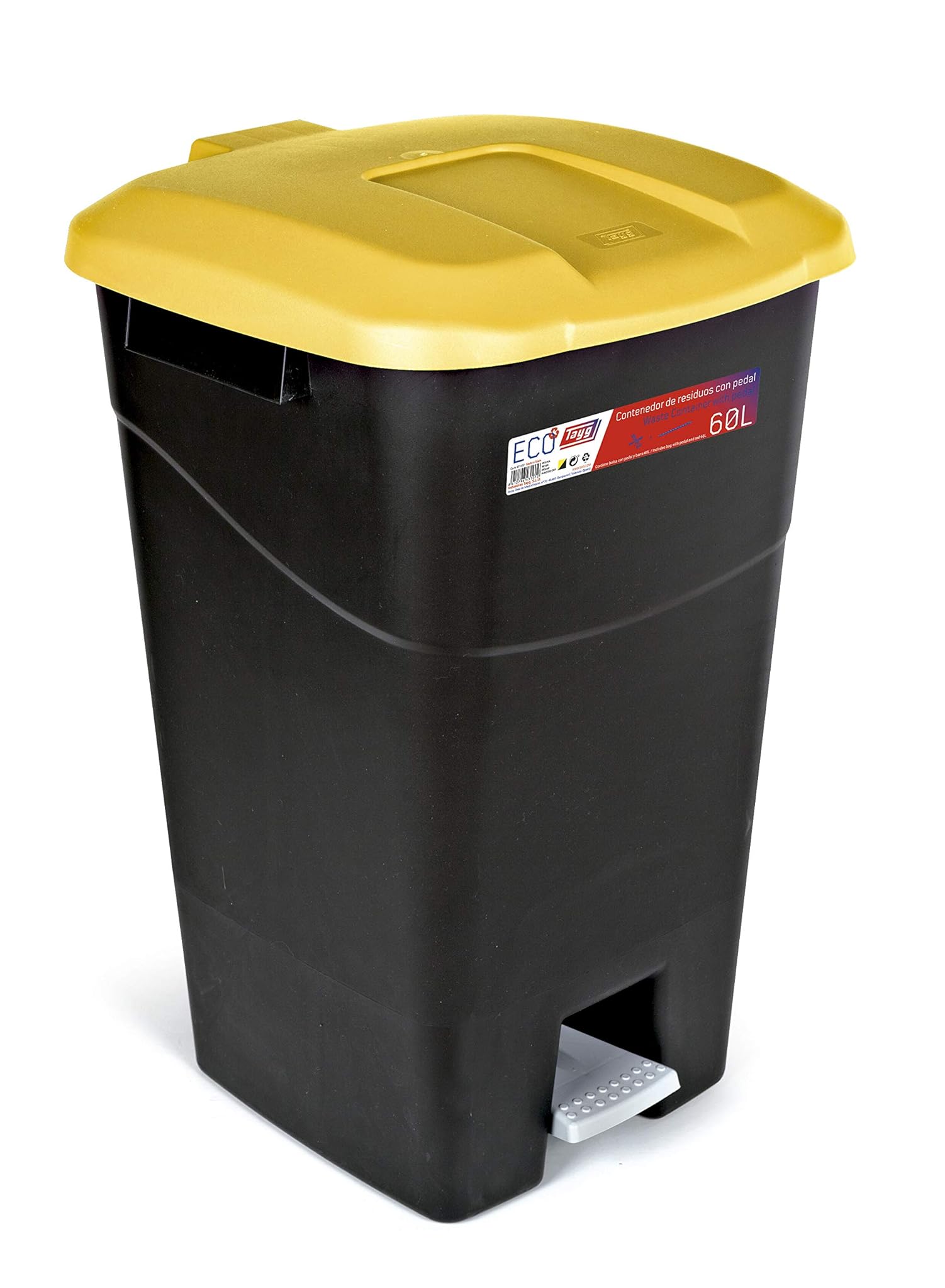Tayg - Pattumiera da 60 litri con pedale, base nera e coperchio giallo, plastica
