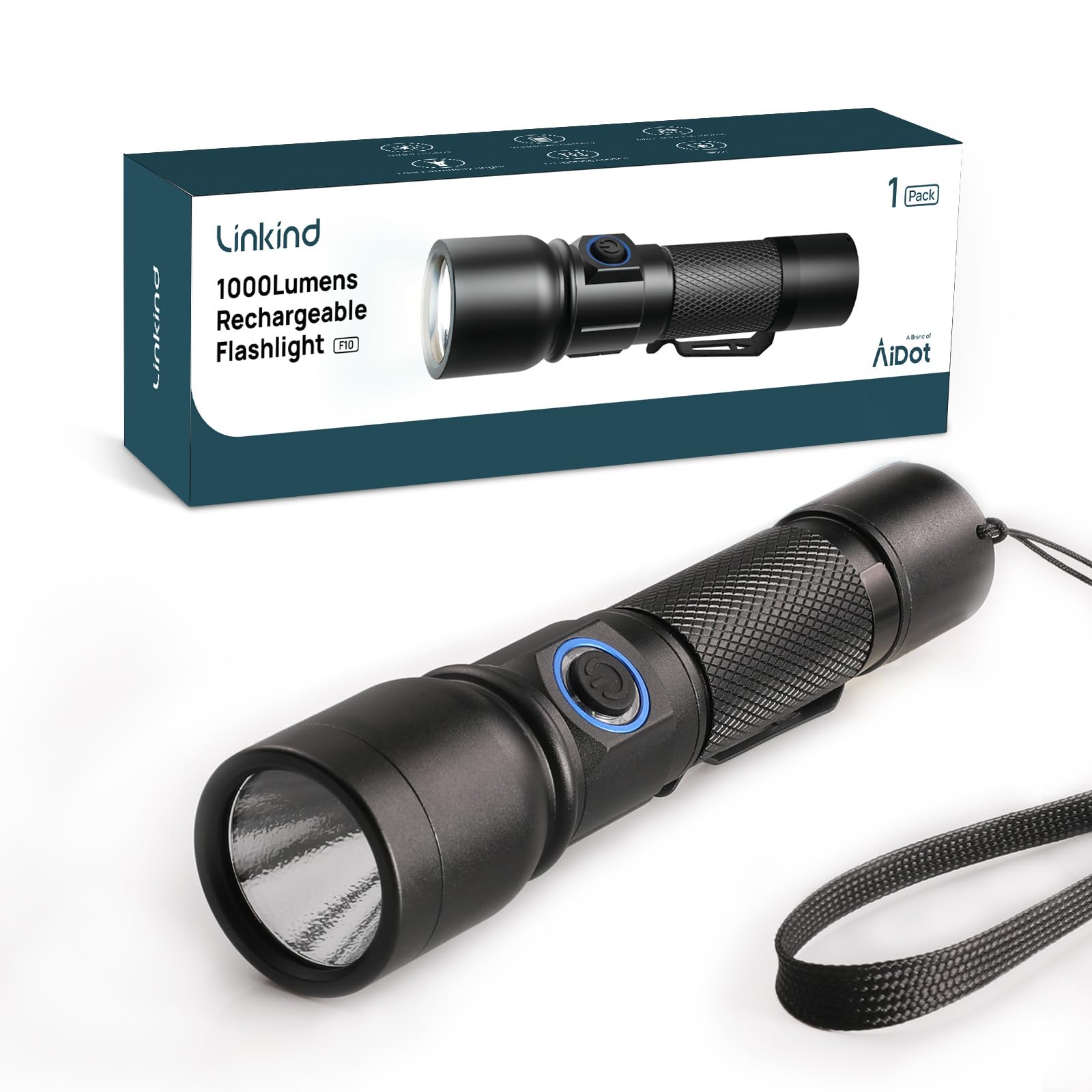 Linkind Torcia LED ricaricabile alta luminosità, 7 modalità regolabili, potente torcia portatile con clip laterale e cordino, IP44 Impermeabile Torcia per campeggio, emergenza, riparazione，1 Pezzi