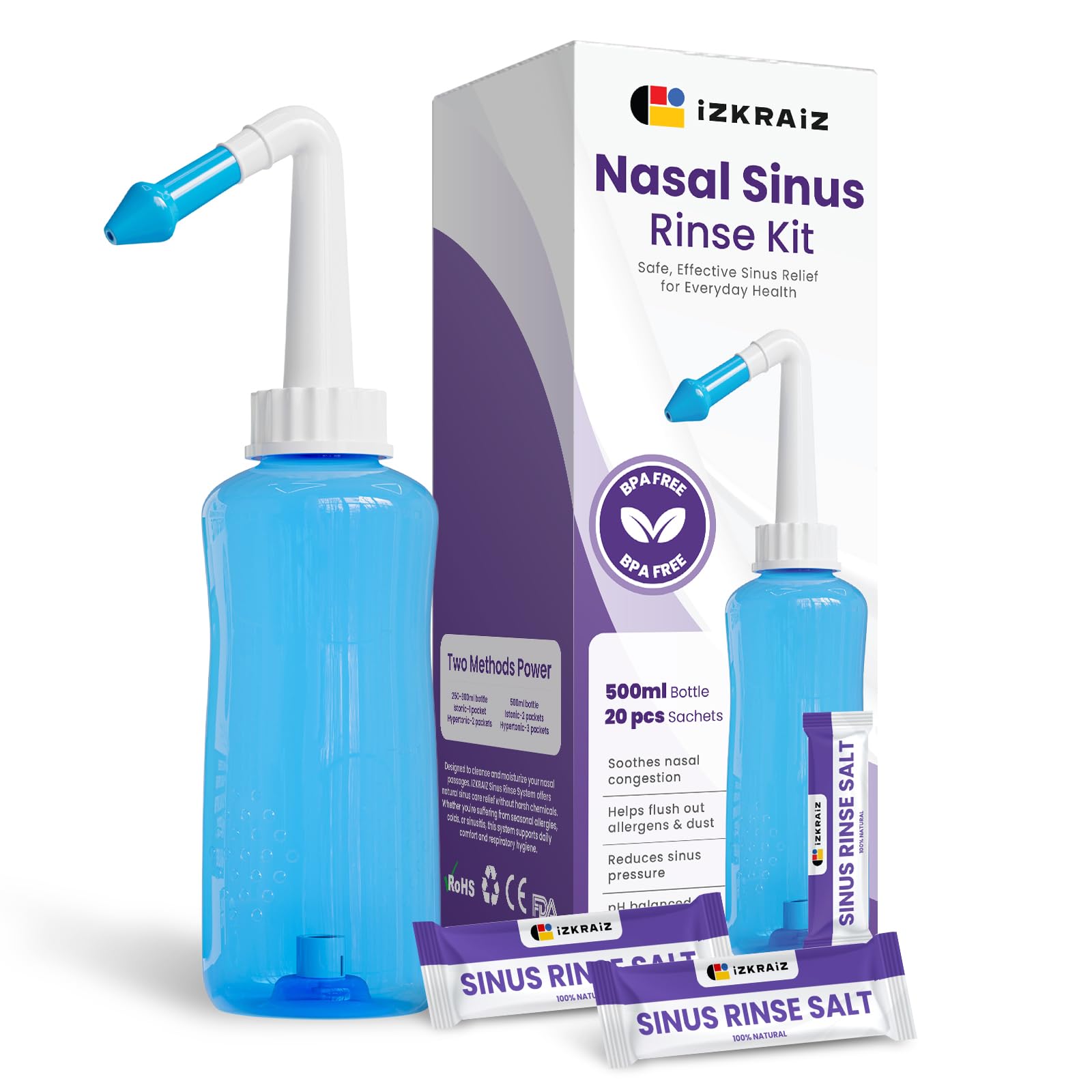 Kit per lavaggio nasale – Flacone da 300 ml + 20 bustine di soluzione salina, lavaggio dei seni nasali – Neti Pot per il sollievo dei seni nasali e l'igiene nasale con pH bilanciato