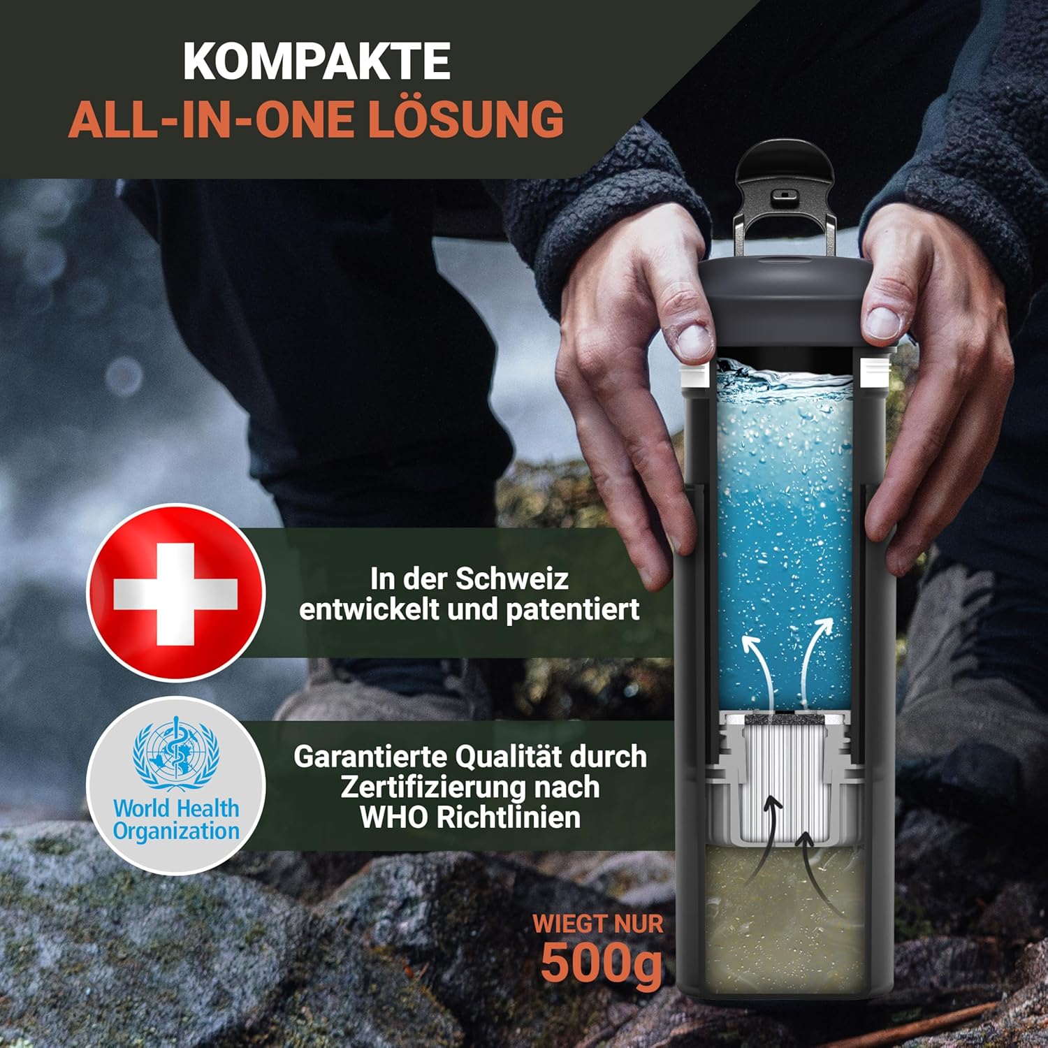 Bachgold® Borraccia Filtrante Acqua Non Potabile XL 800ml - immagine 2