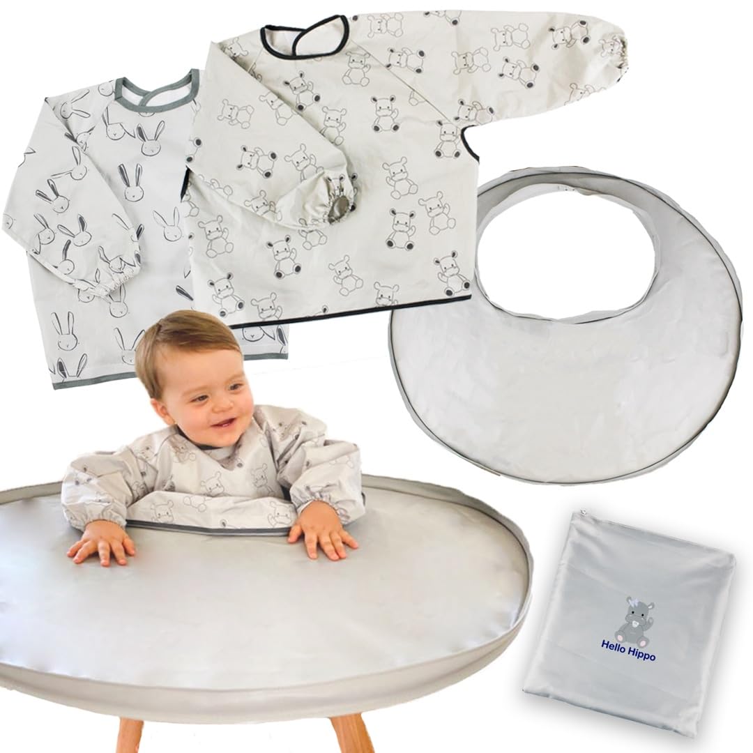 HELLO HIPPO® - Kit 2 Bavaglini e Vassoio Didattico Grigio