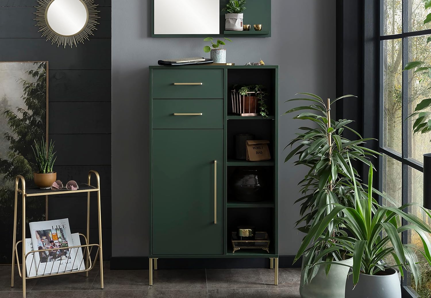 Kent - Credenza in legno, verde bosco e giallo oro, 67,1 x 33,1 x 117,4 cm