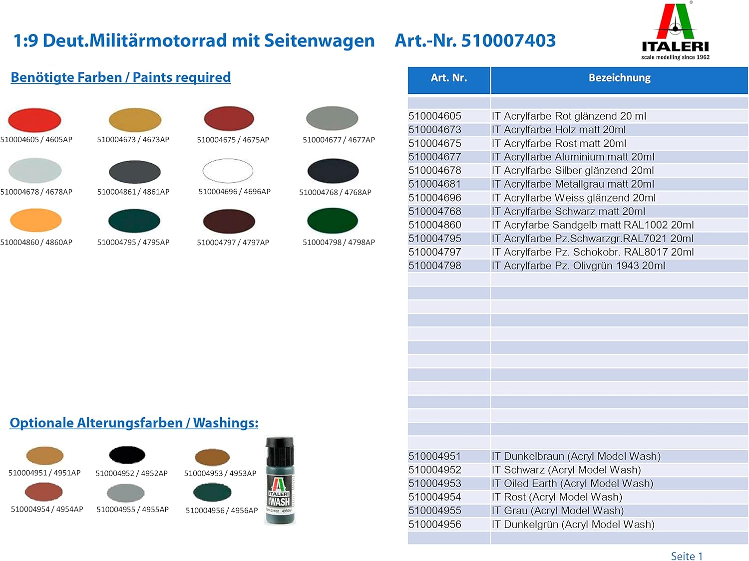Italeri 7403 - German Milit.Motorcycle With Sidecar Model Kit Scala 1:9 - immagine 2