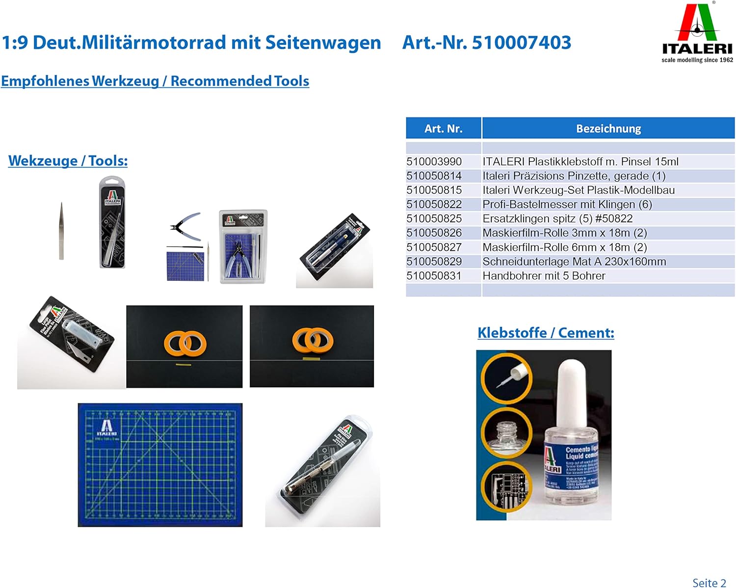 Italeri 7403 - German Milit.Motorcycle With Sidecar Model Kit Scala 1:9 - immagine 3