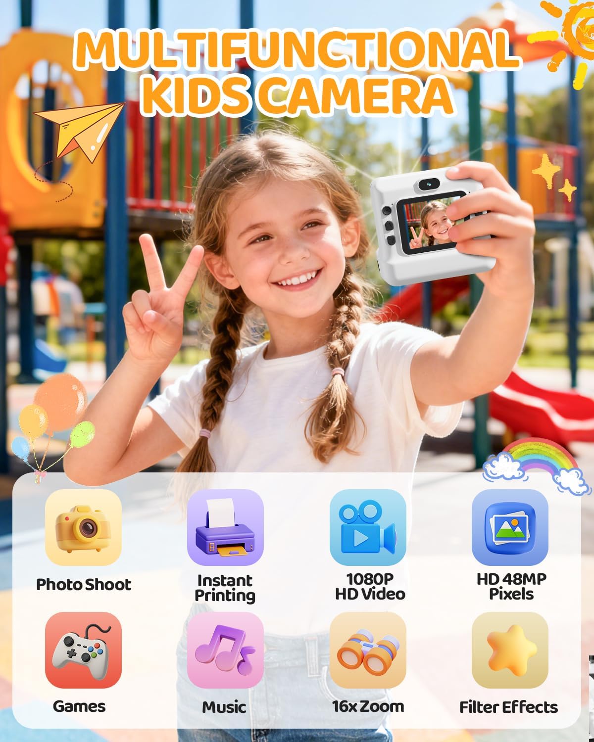 Calinegam Macchina Fotografica Bambini Istantanea HD 1080P - immagine 2