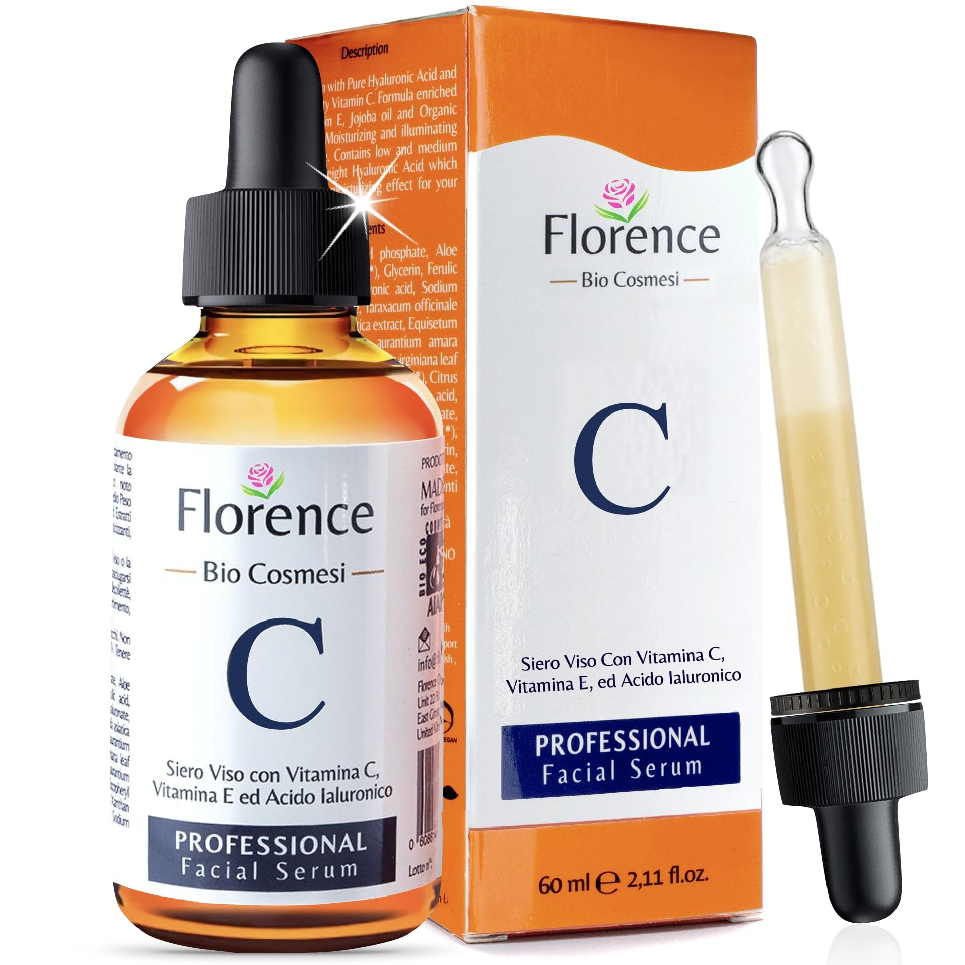 60ml. Bio Siero Vitamina C e Vit. E. Siero Viso Acido Ialuronico Antirughe, Antimacchie Illuminante, e Antietà. Ideale Come Crema Contorno Occhi e per Dermaroller. Biologico,Vegano