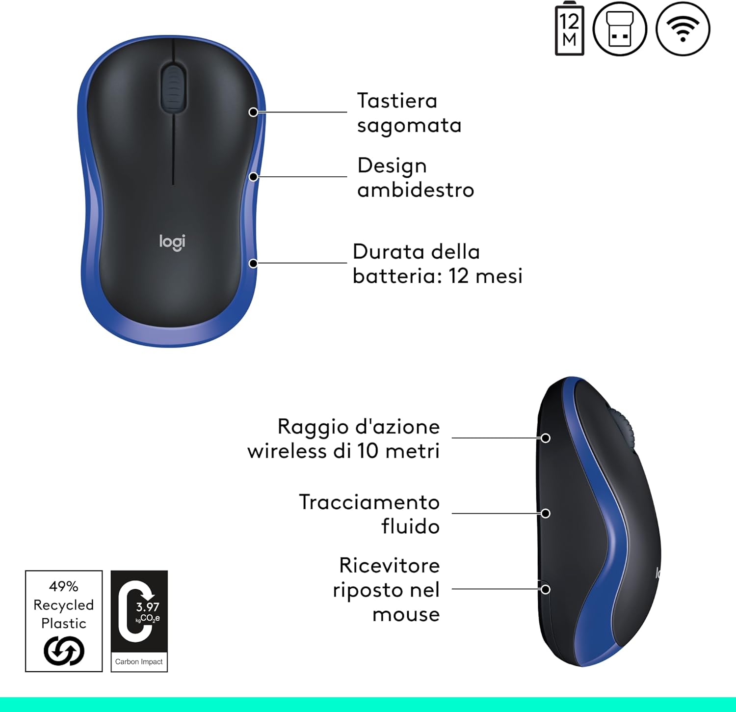 Logitech M185 Mouse Wireless Blu - immagine 7