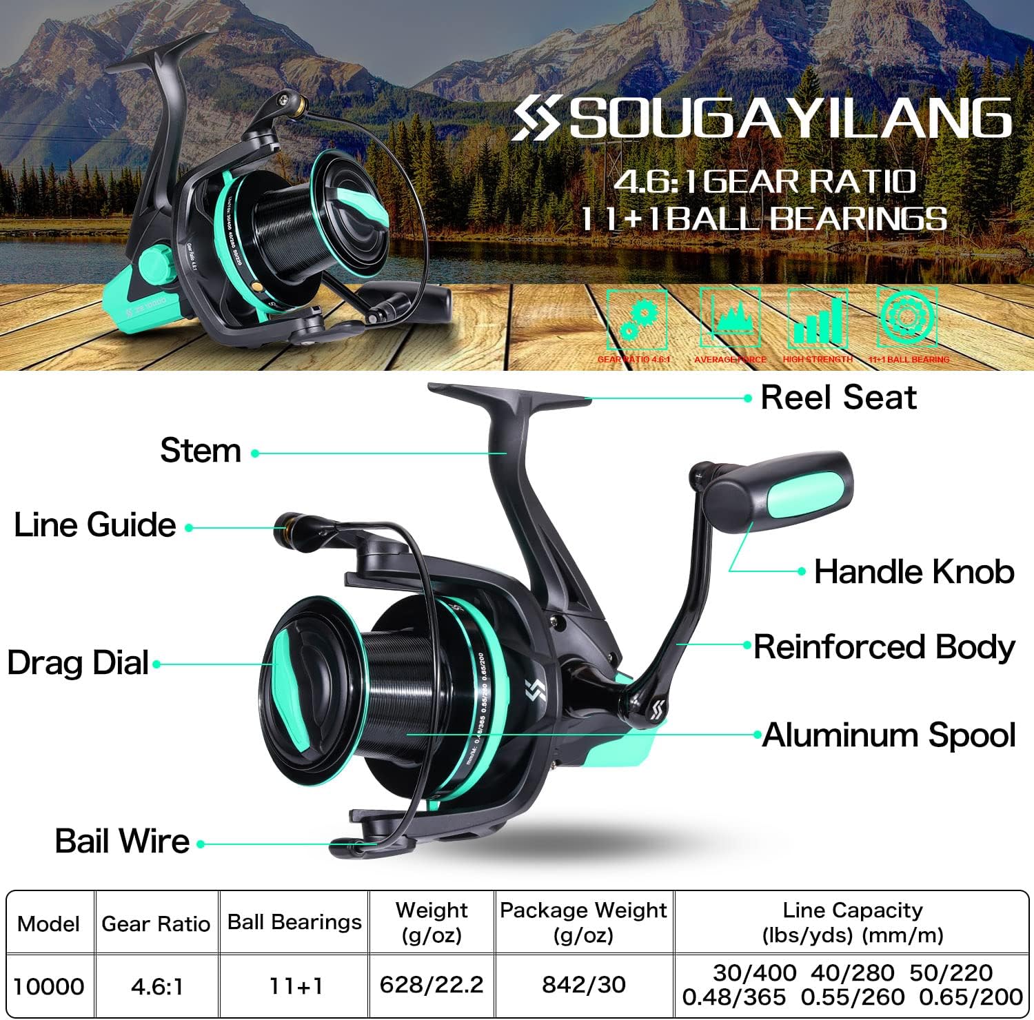 Sougayilang Mulinello da Pesca Surf 11+1BB Serie 10000 - immagine 6