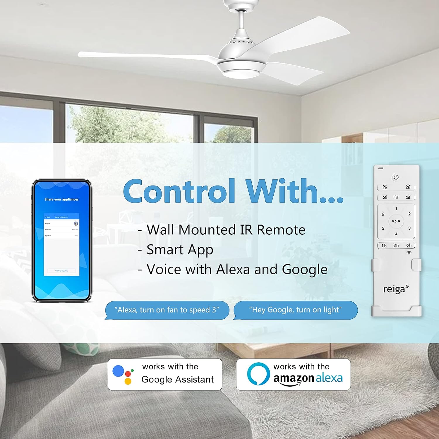 Reiga Ventilatore da Soffitto 132CM con Luce e Telecomando - immagine 2