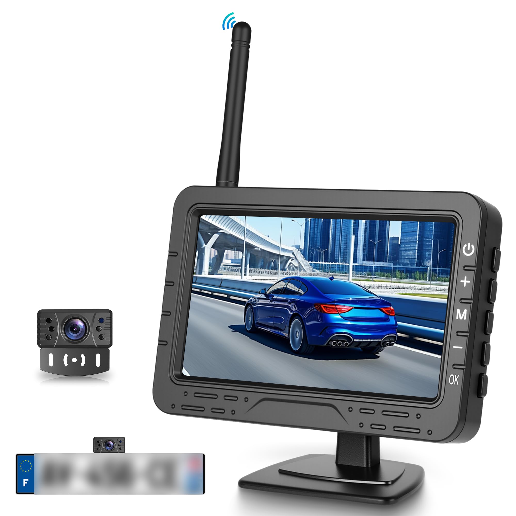 Wireless Telecamera Retromarcia Set, Telecamera per Cornice Targa con 4,3 Pollici Monitor, Telecamera Posteriore con Visione Notturna/IP68 Impermeabile/Grandangolo per Auto/SUV/Camioncino/Campeggio