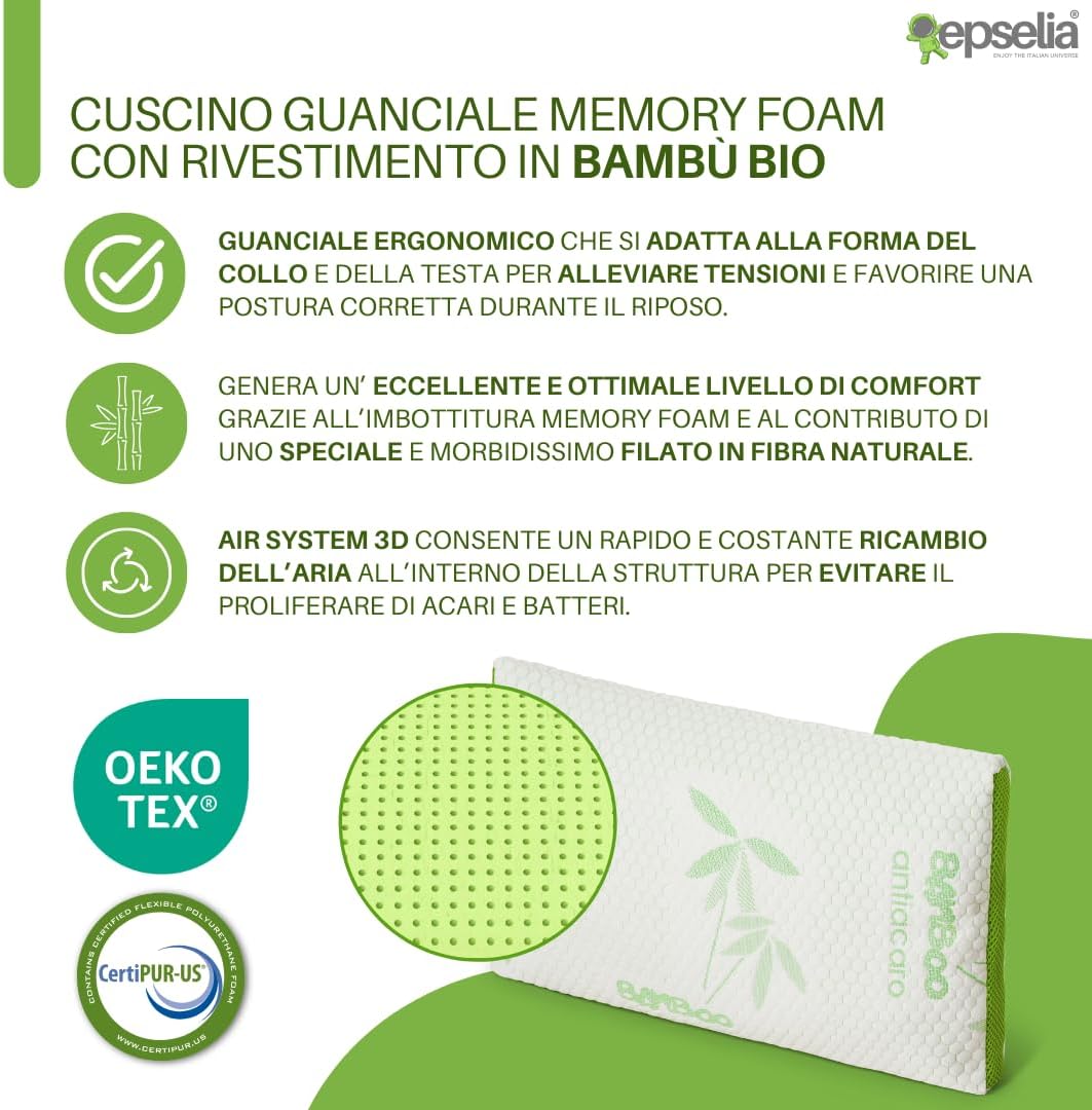 EPSELIA Cuscino Guanciale Memory Foam 70x40 H12 - immagine 2