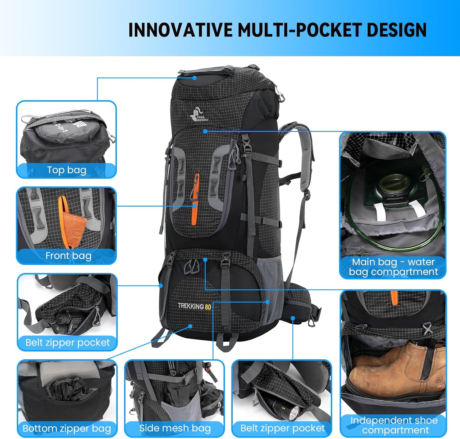 Bseash Zaino da Campeggio Impermeabile 80L - immagine 3