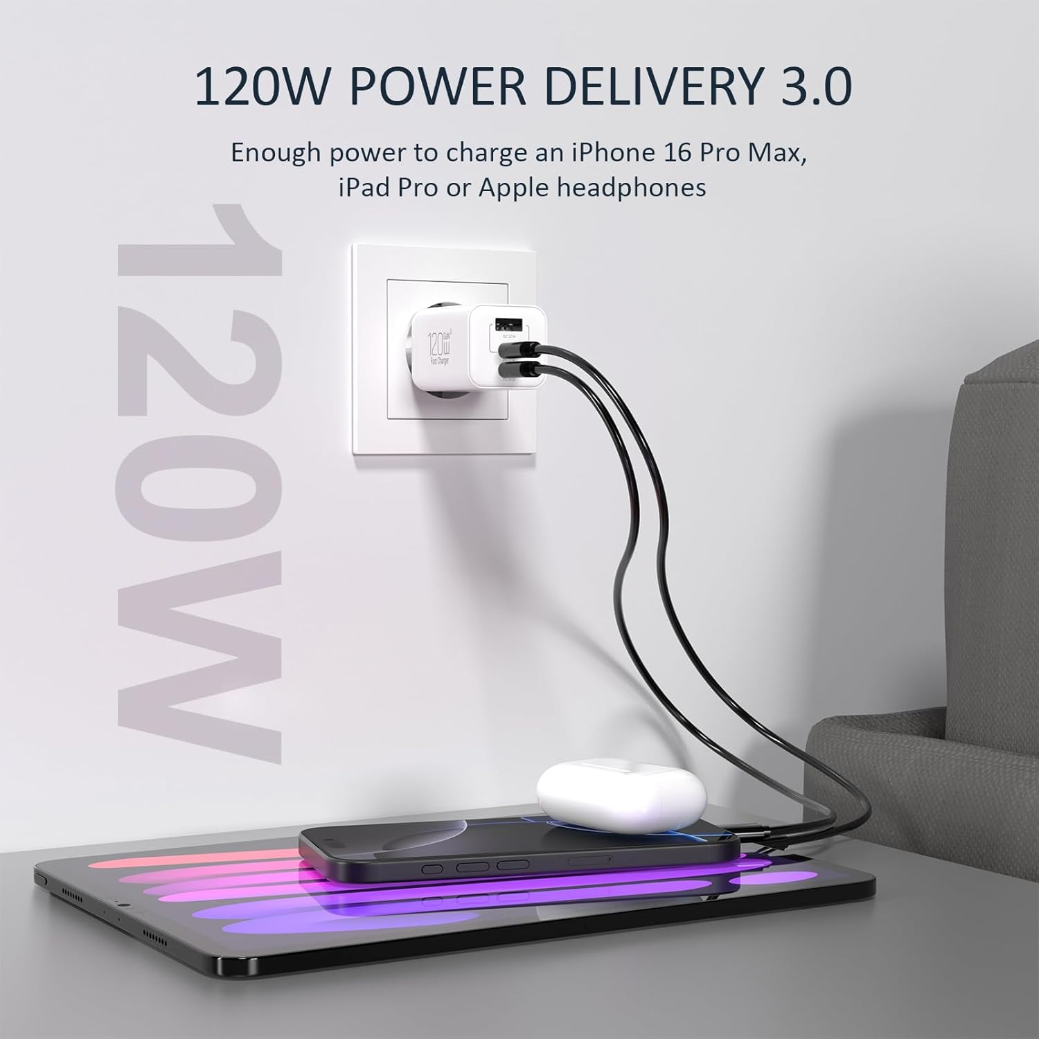 Caricatore USB-C 120W 3 Porte con Alimentatore 65W - immagine 2