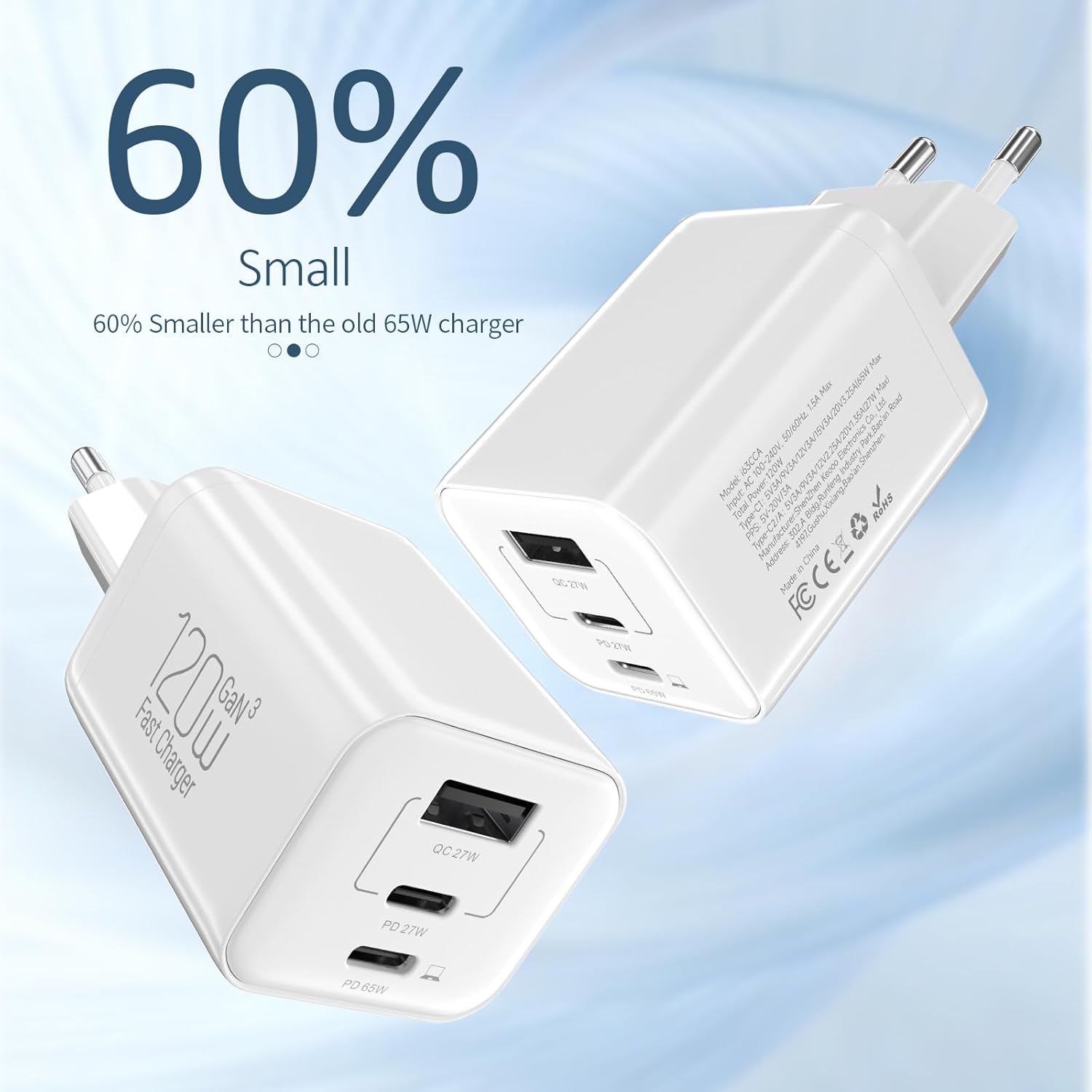 Caricatore USB-C 120W 3 Porte con Alimentatore 65W - immagine 4