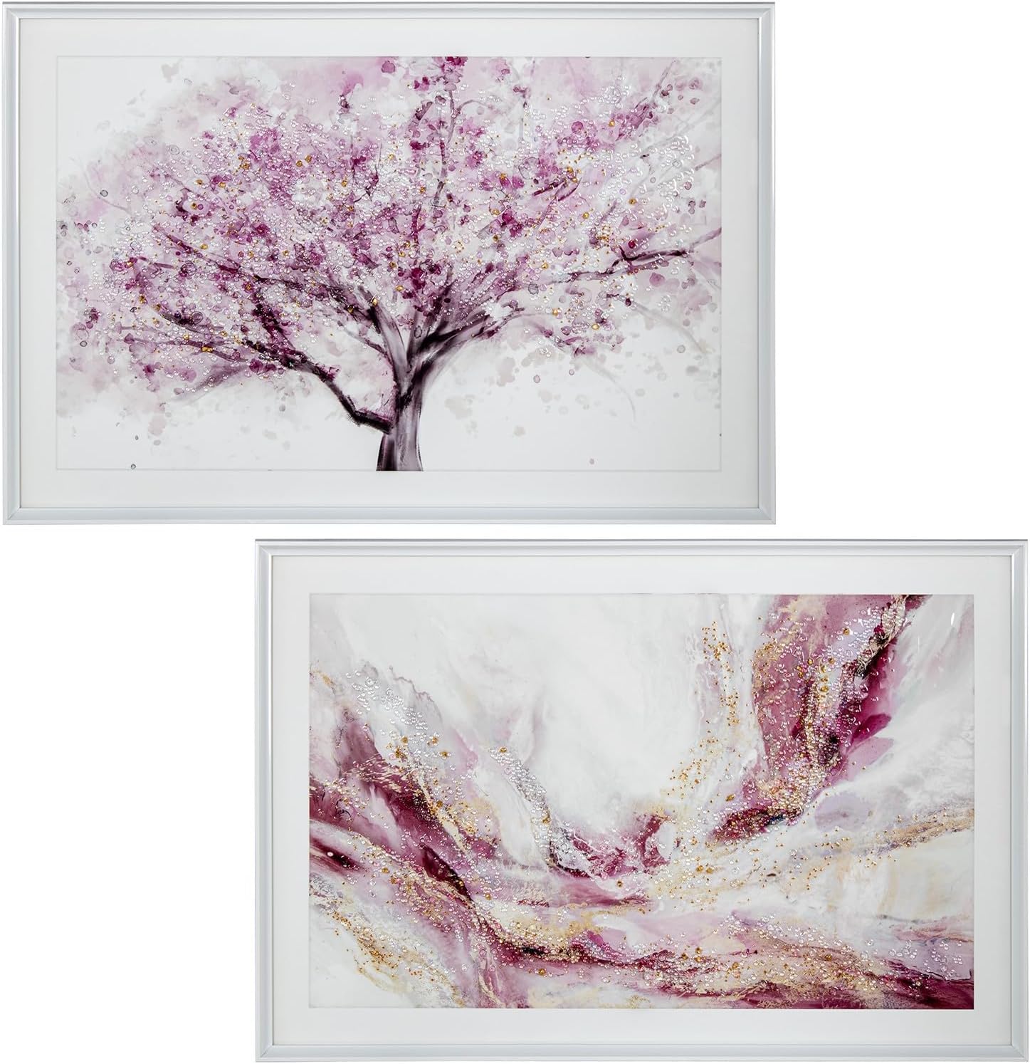 DRW Set di 2 quadri di alberi con cornice in legno bianco e rose 93x4.2x63 cm