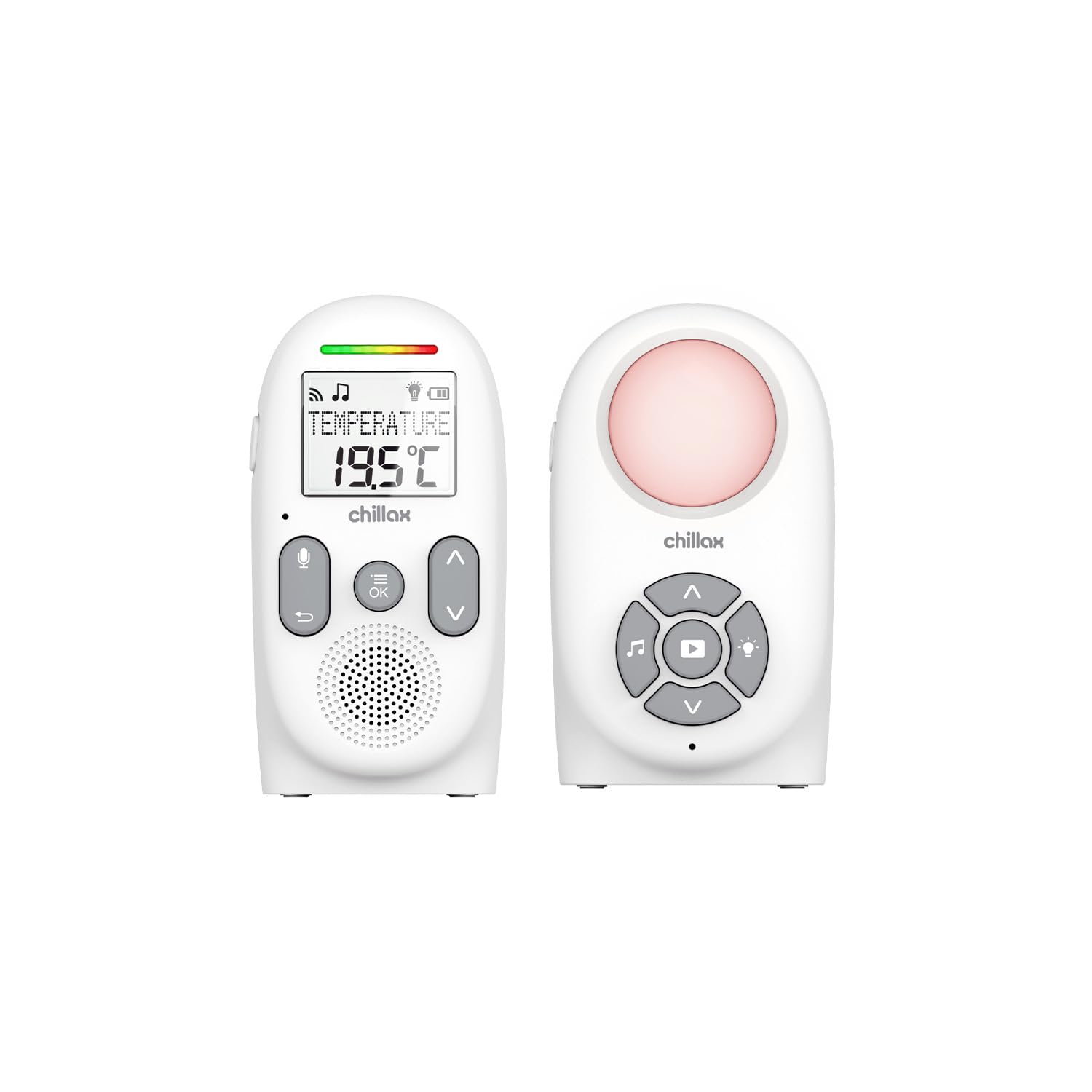 CHILLAX - Baby monitor Audio CB260 - DECT - Schermo LCD - VOX Mode & Eco - Sensore temperatura con alert - Indicatori suono - Portata 340m - Luce notturna & 5 ninnenanne - Autonomia 13h - WalkieTalkie