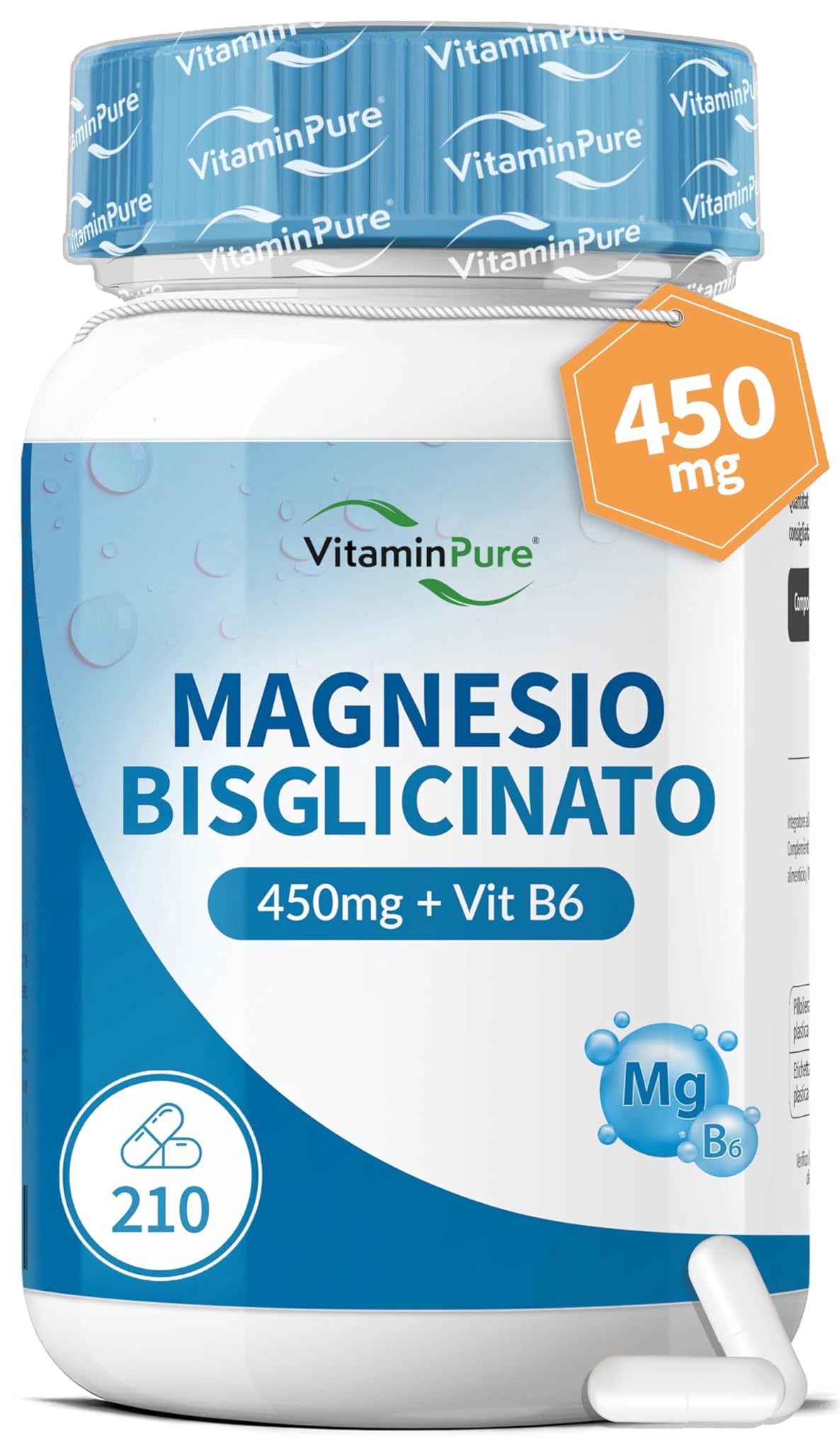 Magnesio Bisglicinato Capsule 450mg con Vit B6, 210 Capsule Vegane, Contribuisce alla Riduzione della Stanchezza e dell’Affaticamento - VitaminPure