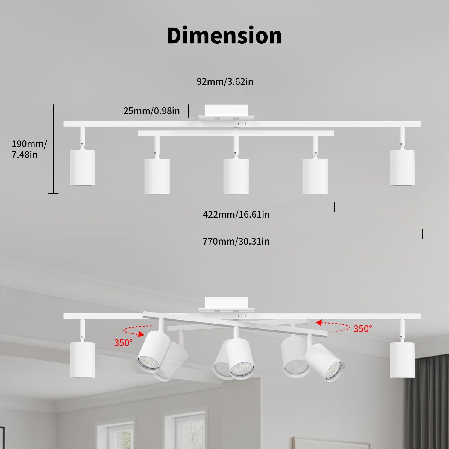 Lvwit Faretti Soffitto Orientabili Bianchi con 5 Attacchi GU10 - immagine 5