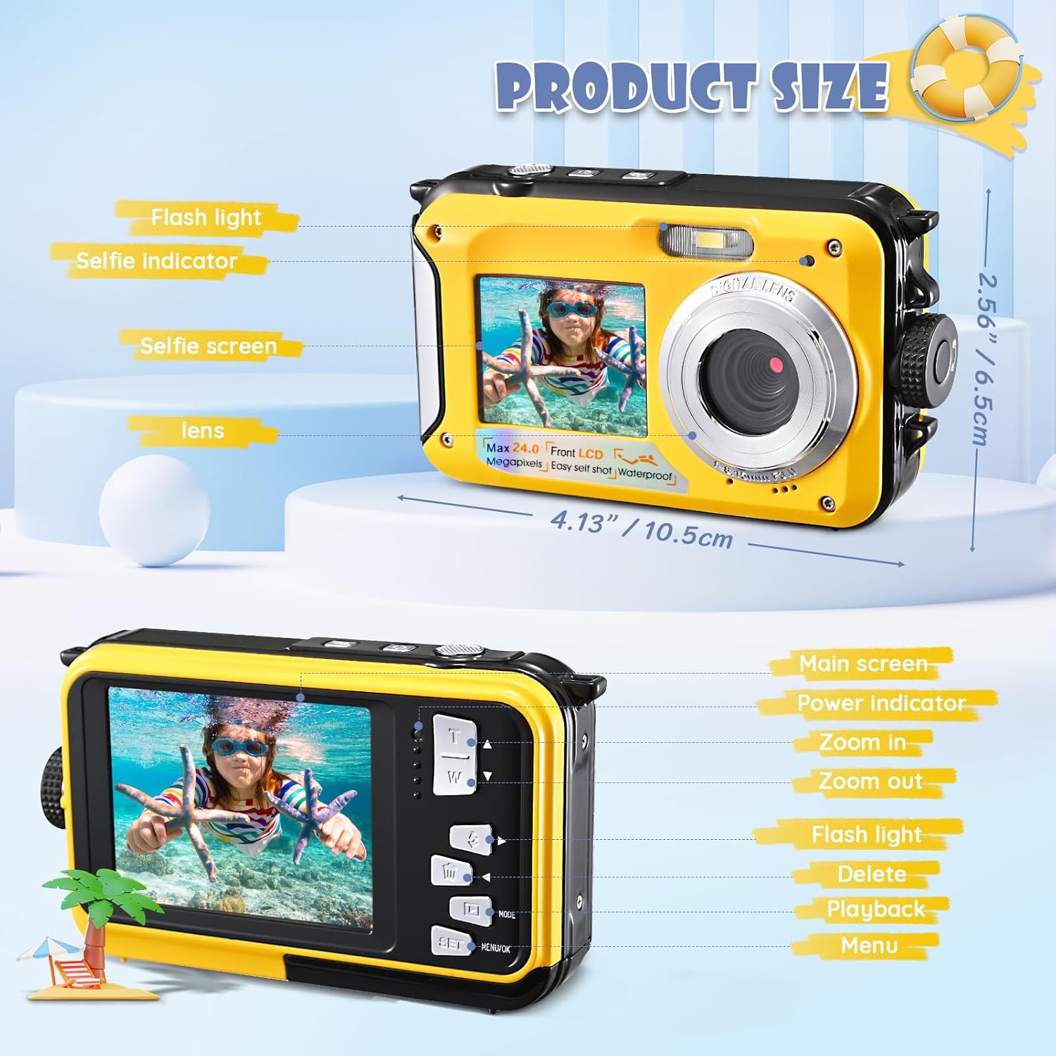 Fotocamera Digitale Impermeabile 2.7K 48MP, Giallo - immagine 2