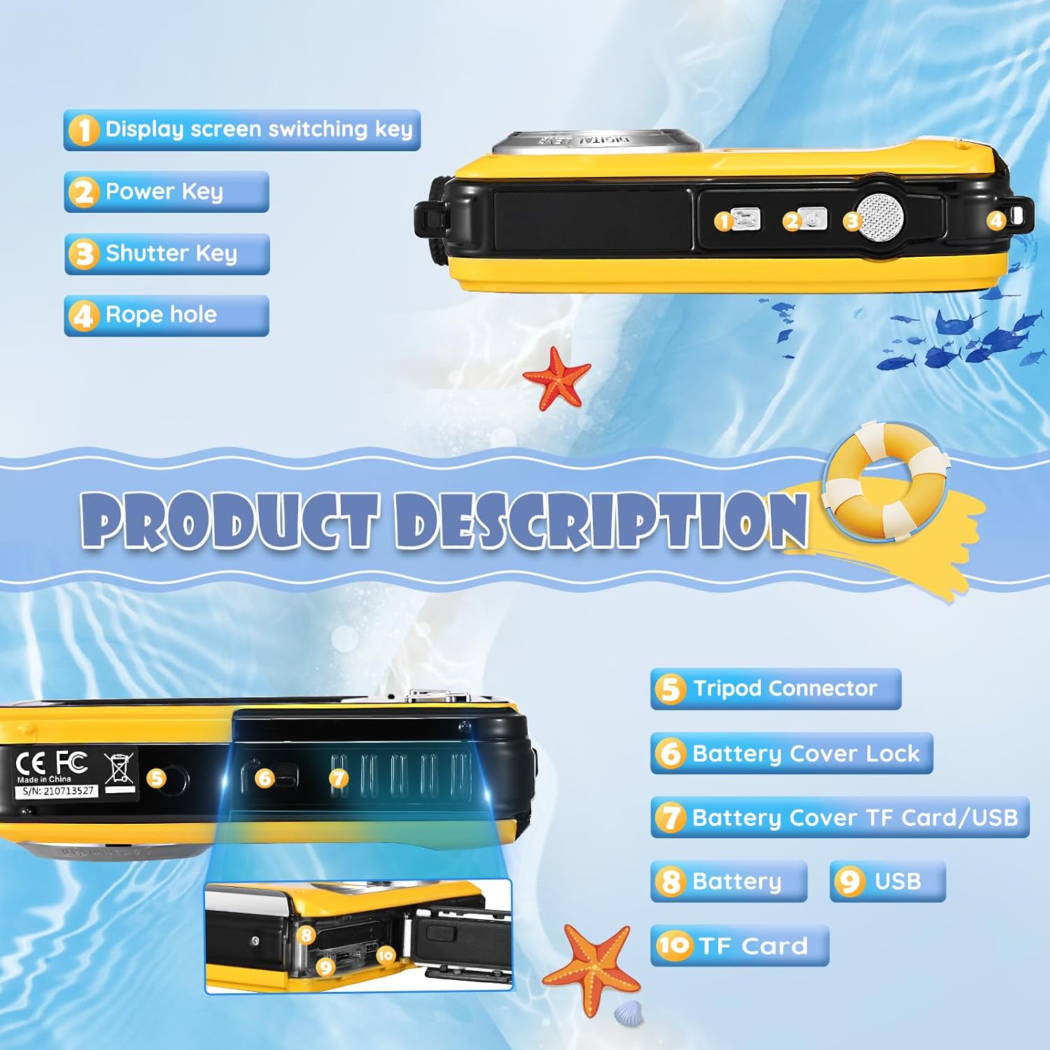 Fotocamera Digitale Impermeabile 2.7K 48MP, Giallo - immagine 3