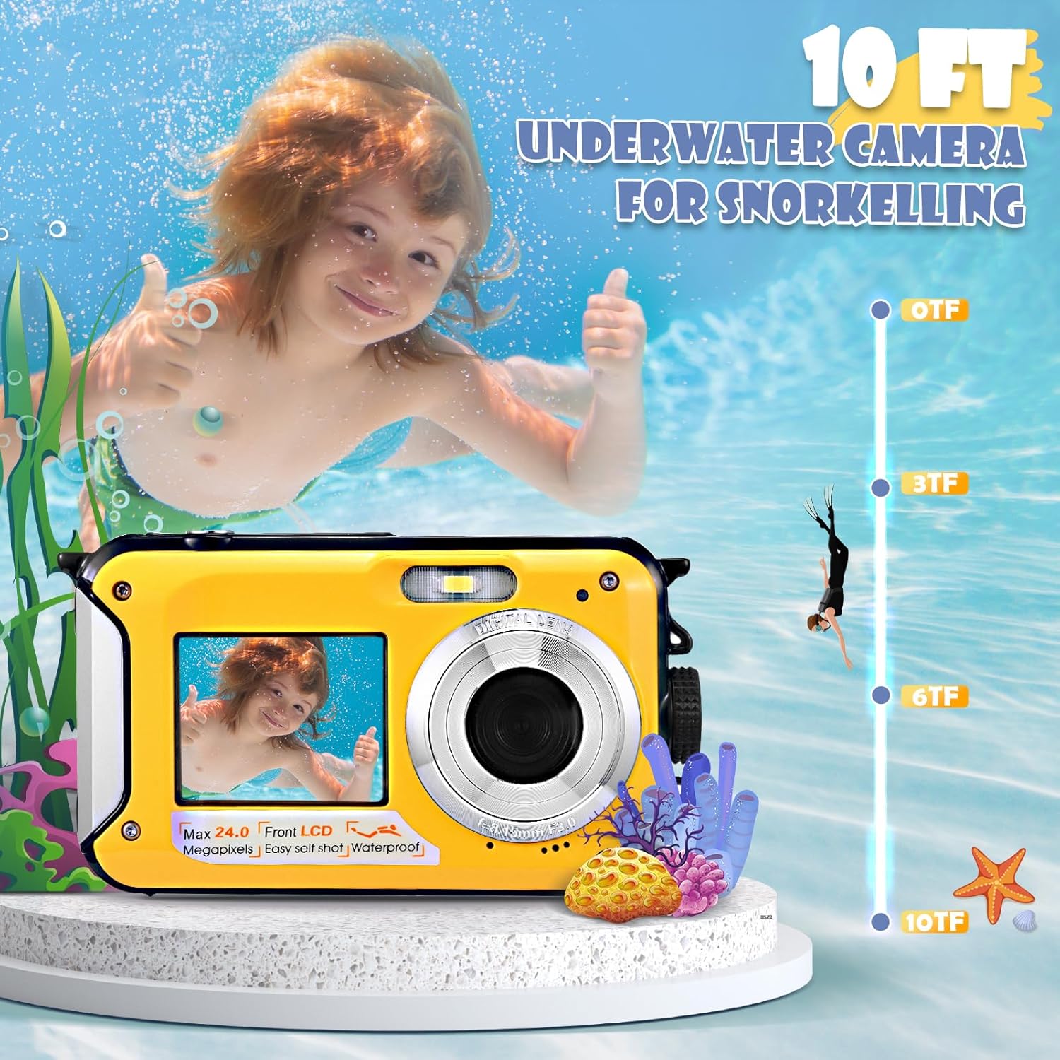 Fotocamera Digitale Impermeabile 2.7K 48MP, Giallo - immagine 5