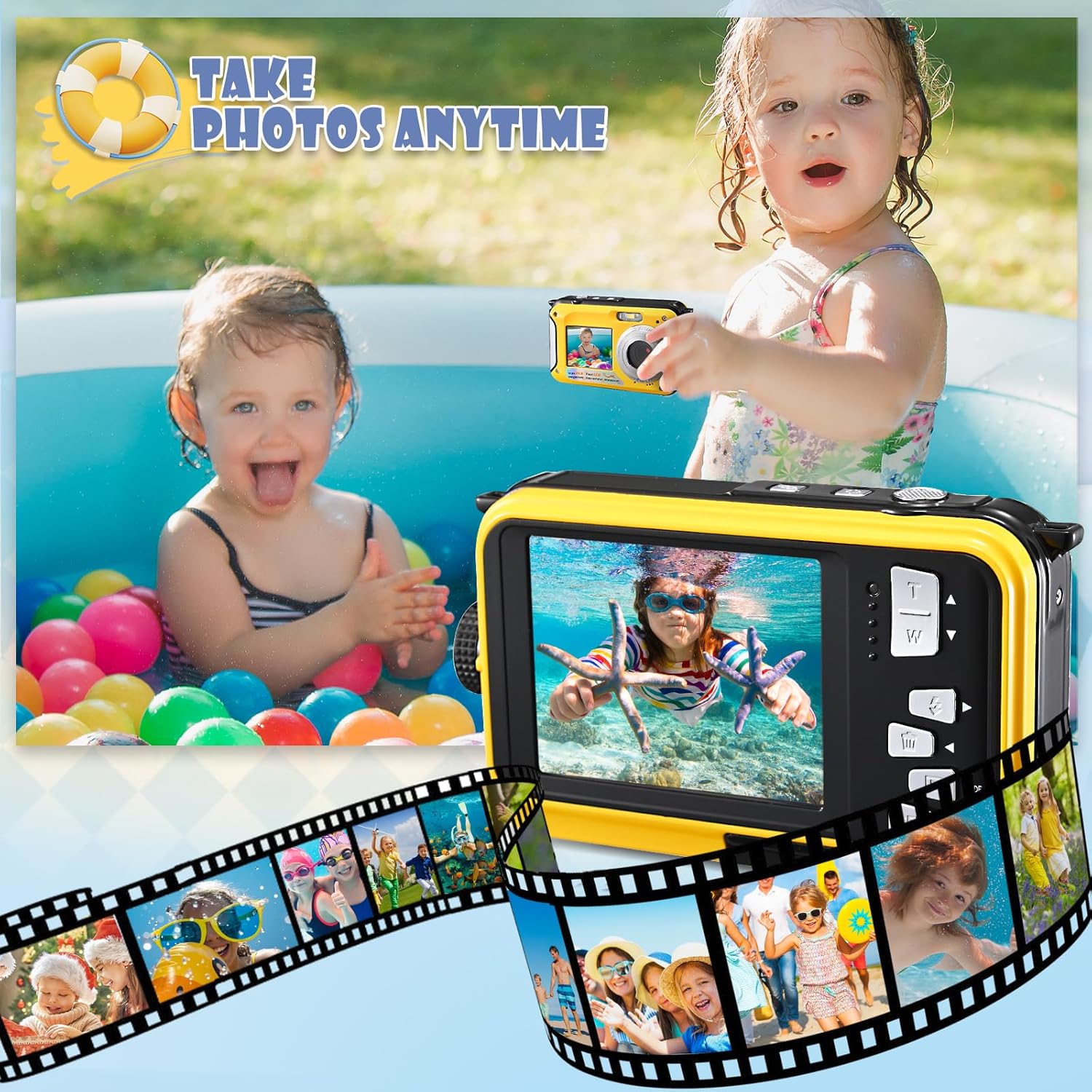 Fotocamera Digitale Impermeabile 2.7K 48MP, Giallo - immagine 6