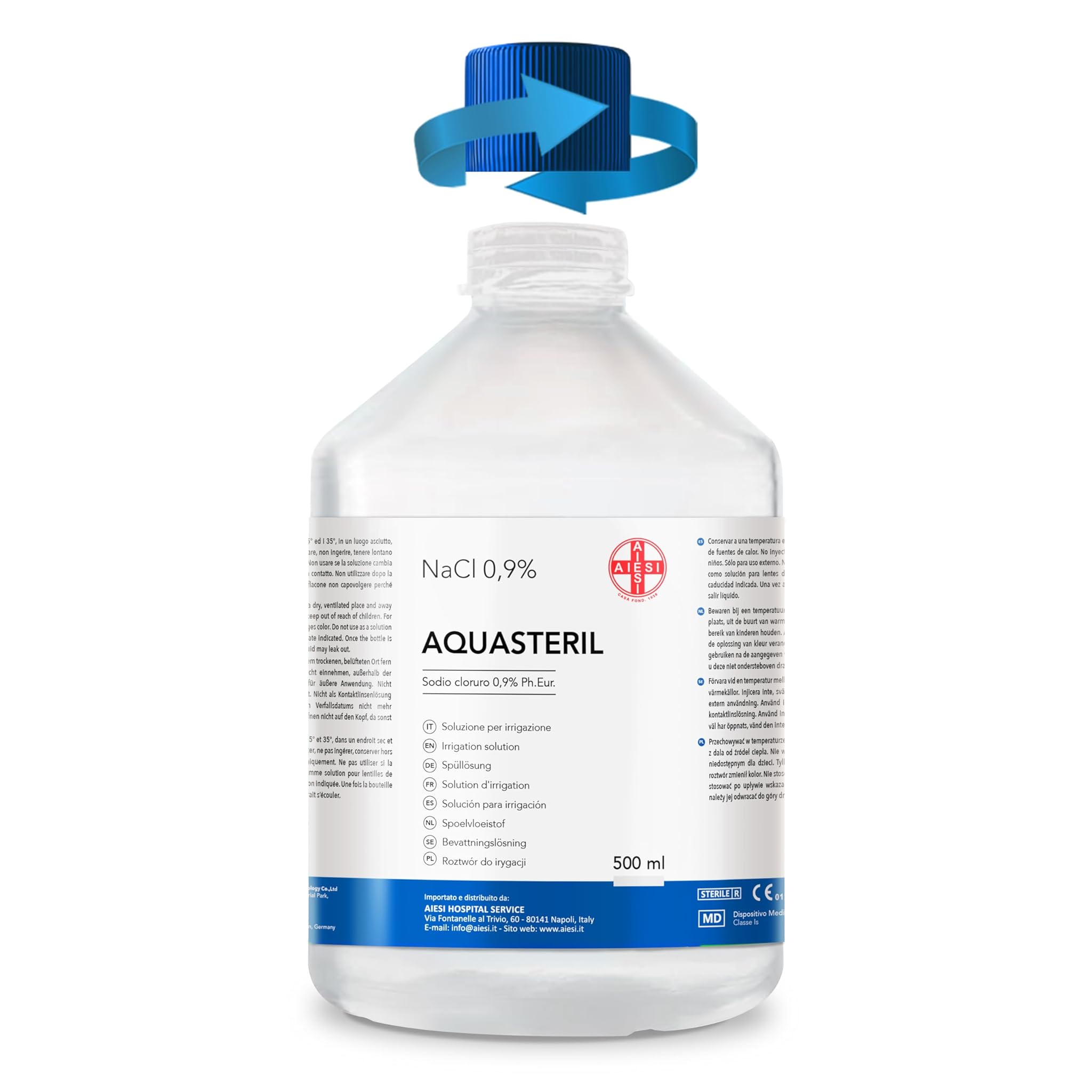 AIESI® Soluzione fisiologica salina per lavaggi nasali, aerosol e irrigazione 500 ml con tappo richiudibile AQUASTERIL, Sodio cloruro 0,9% per cassetta pronto soccorso