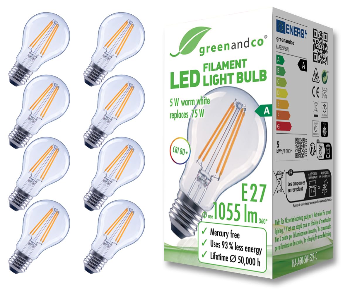 Greenandco 8 Lampadine Filamento LED E27 A60 5W 1055lm