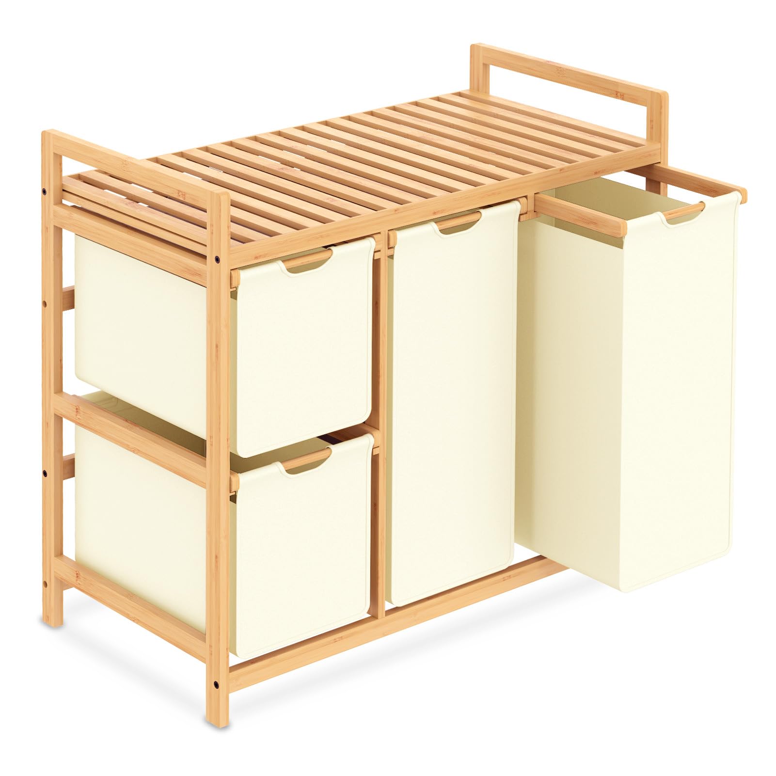 Cesto Biancheria 3 Scomparti su Ruote, Beige