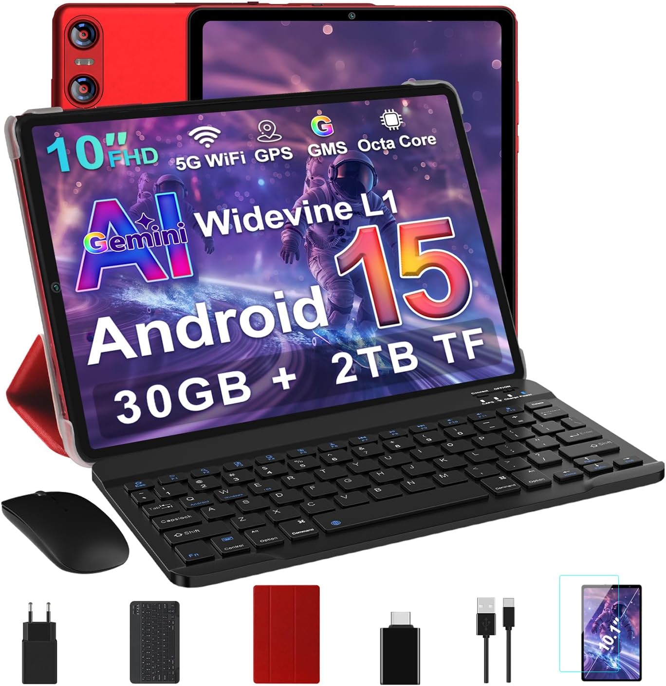Tablet 10 Pollici Android 15 con Gemini AI, Rosso Scuro - immagine 1