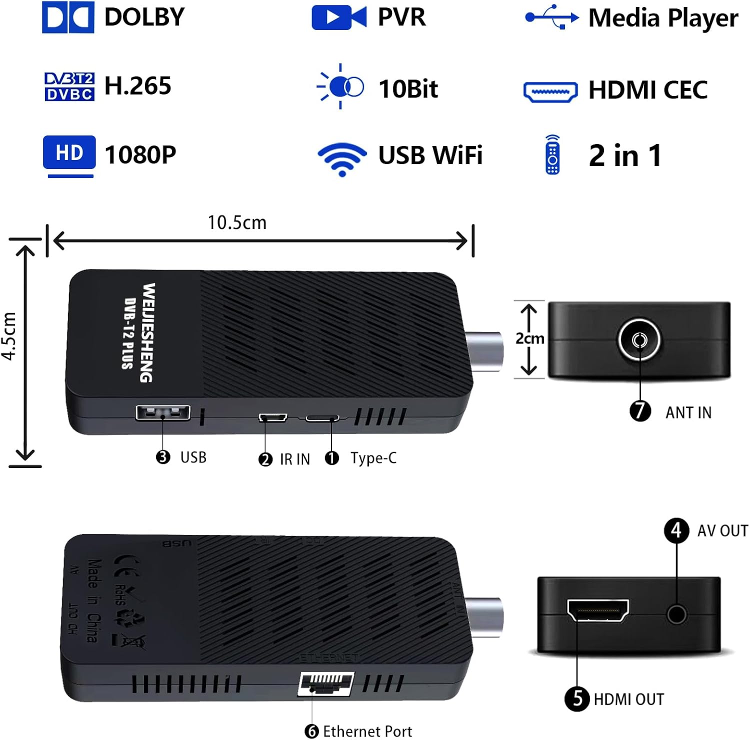 Decoder Digitale Terrestre 2024-2025, Decoder DVB-T2, HD 1080P H.265 HEVC Principale 10-bit,Supporto-HDMI, AV,Ethernet,USB WiFi,Proiettore,PVR,Multimedia [Telecomando 2 in 1 con controllo TV] - immagine 2