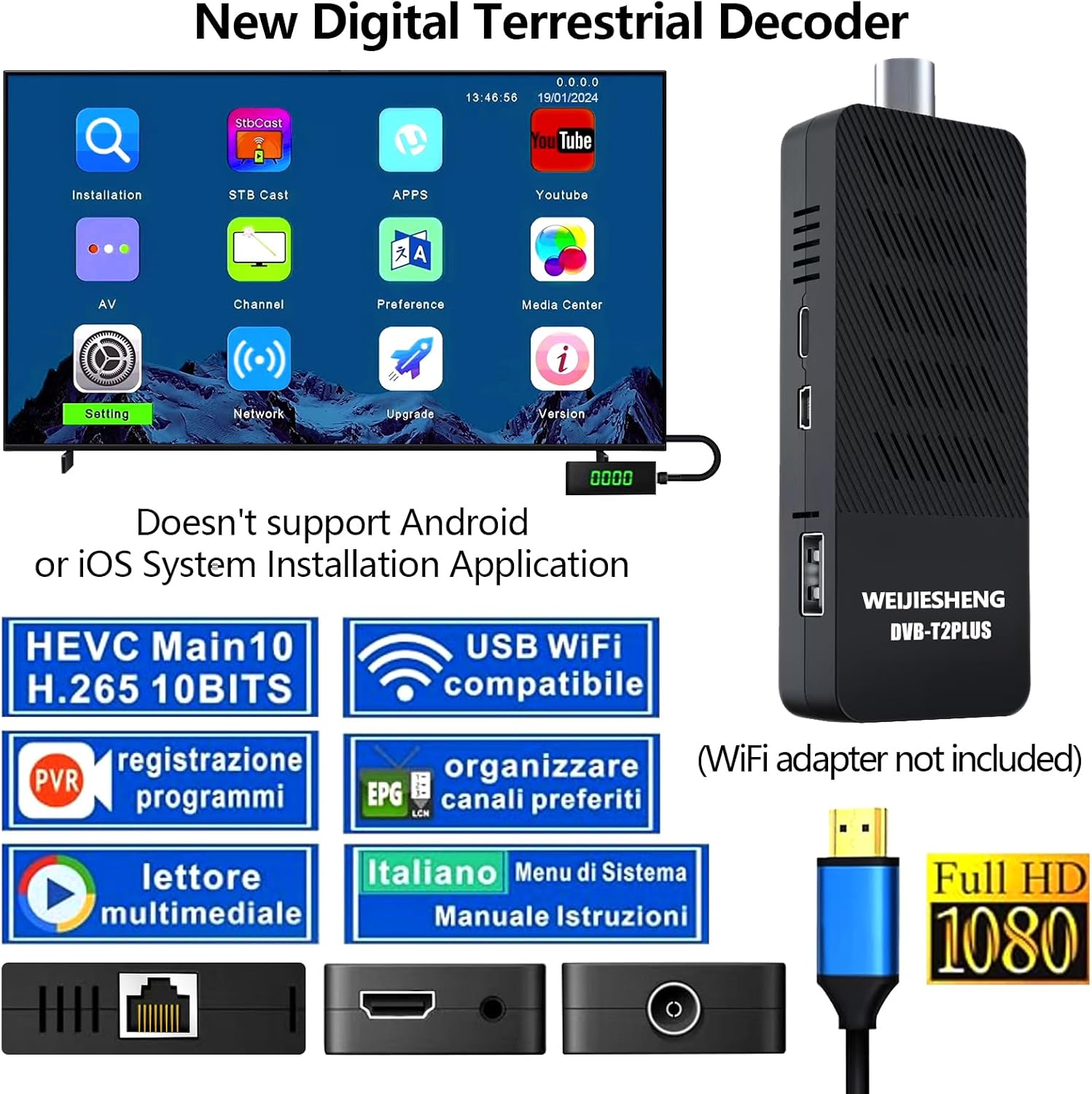 Decoder Digitale Terrestre 2024-2025, Decoder DVB-T2, HD 1080P H.265 HEVC Principale 10-bit,Supporto-HDMI, AV,Ethernet,USB WiFi,Proiettore,PVR,Multimedia [Telecomando 2 in 1 con controllo TV] - immagine 3