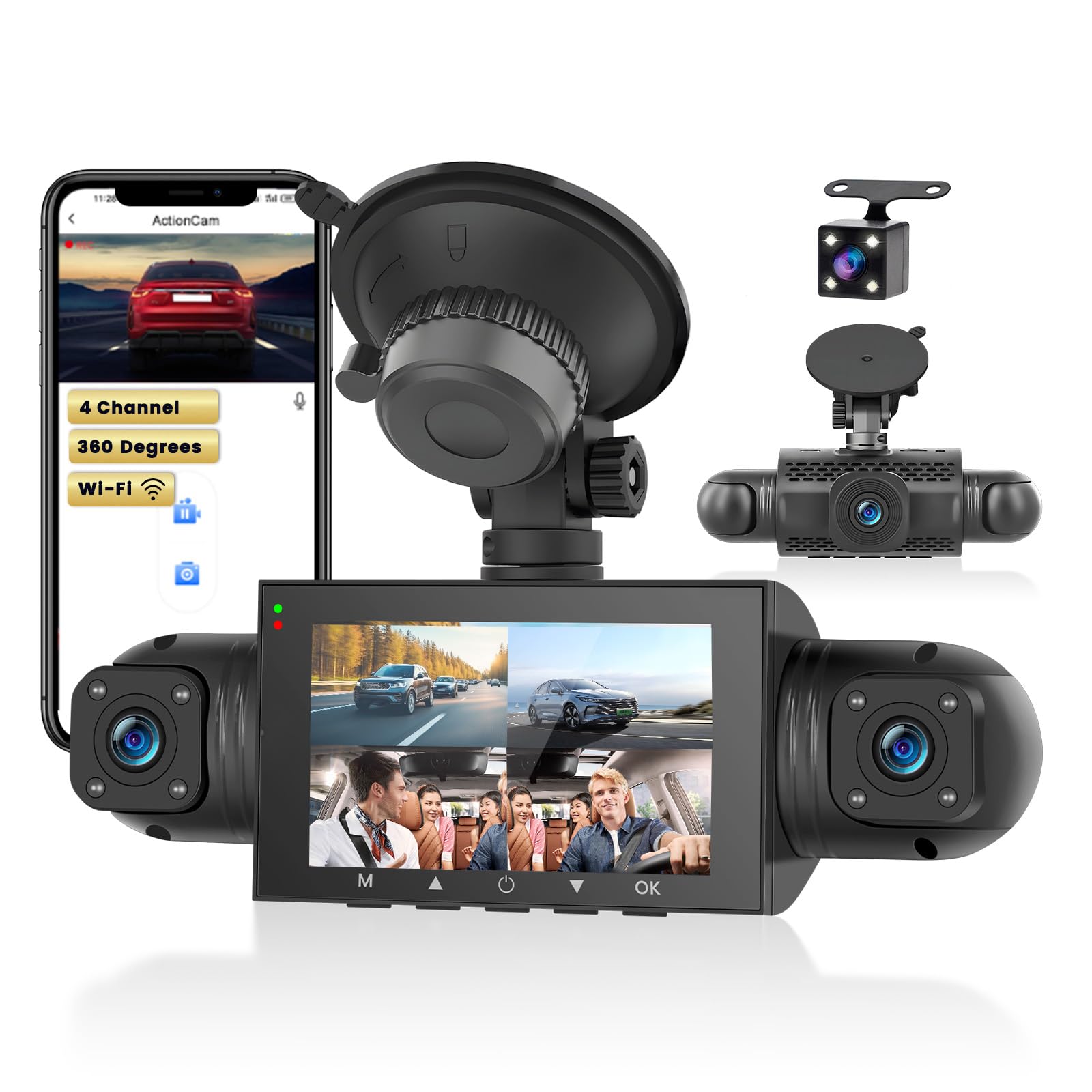 Dash Cam WiFi 4 Canali 360 Gradi 1080P con Scheda 64GB