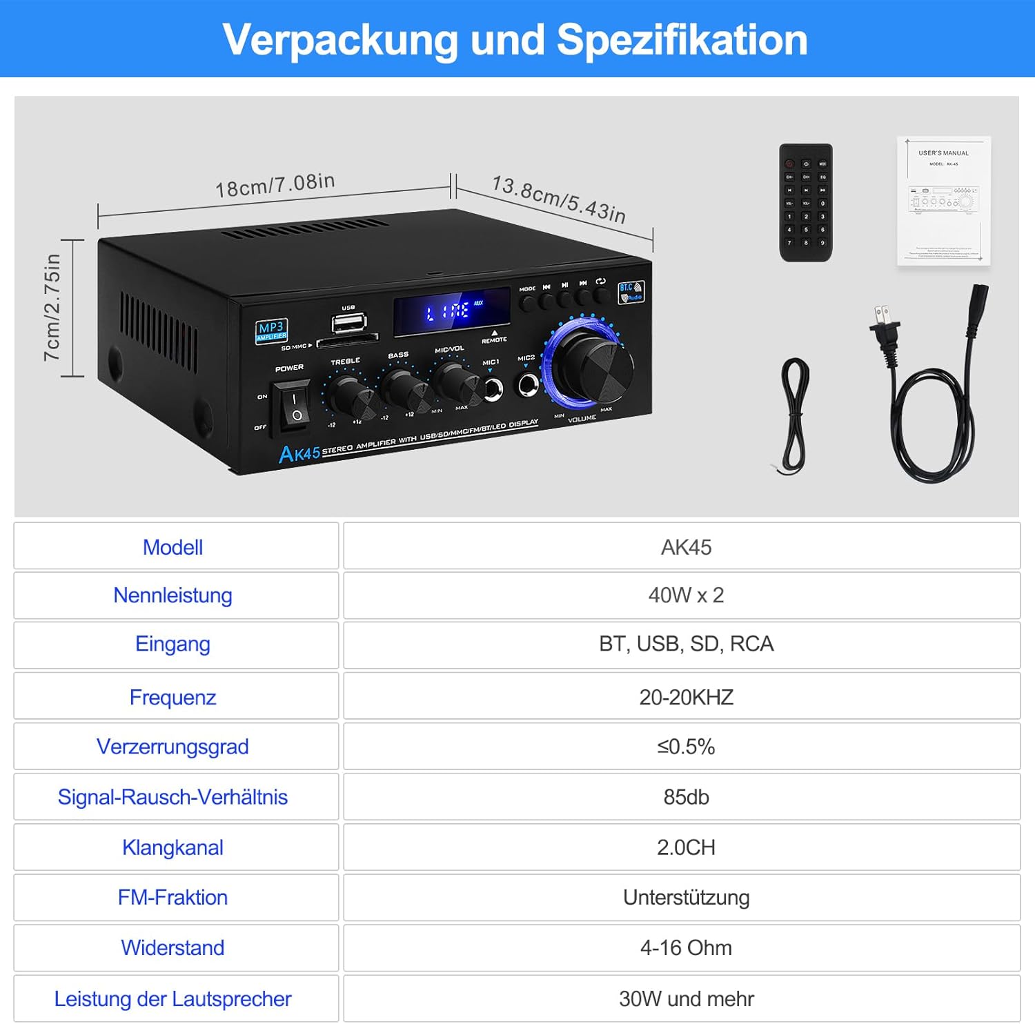 Hi-Fi Audio Amplificatore 2.0CH Bluetooth 5.0 AK45 - immagine 6