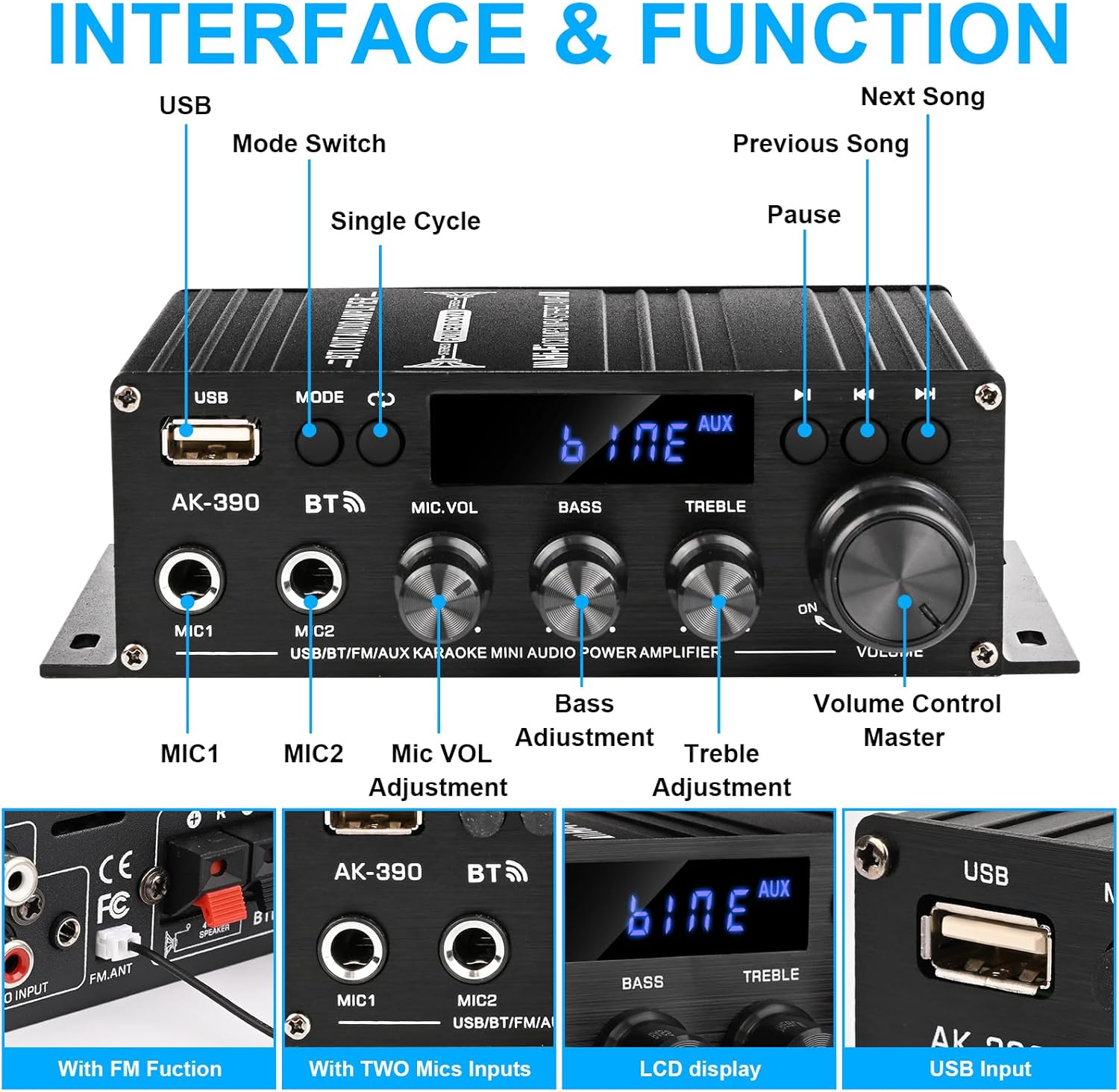 Amplificatore Audio HiFi AK390 Mini Bluetooth Stereo 800W - immagine 2