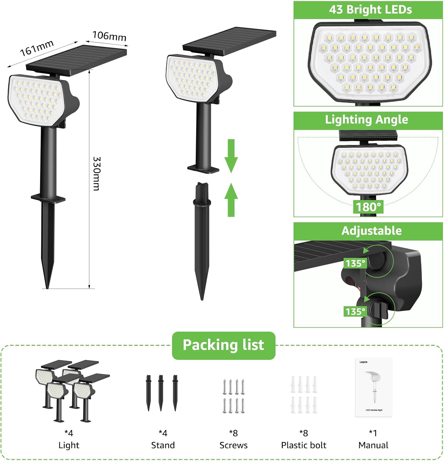 Lepro Faretti Solari da Esterno 43 LED (4 Pezzi) - immagine 2