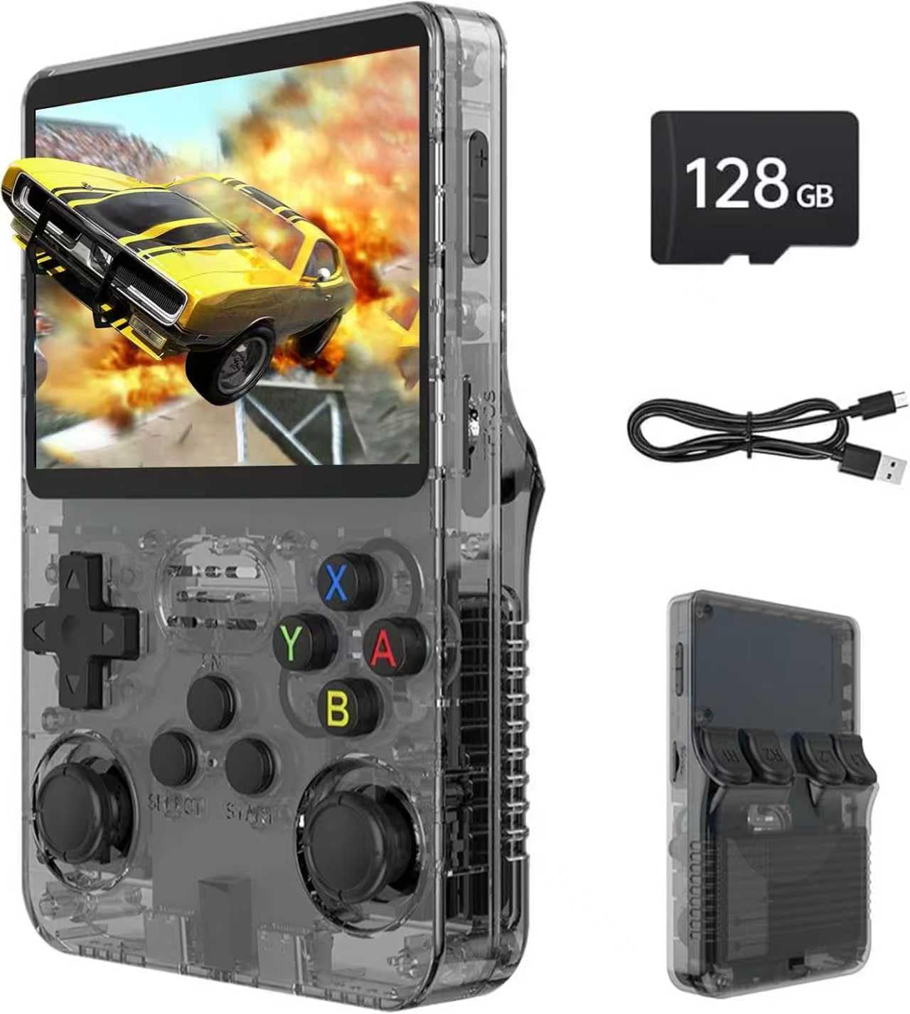 R36S Console Retro, Schermo IPS da 3,5 Pollici, 128GB di Memoria, 40.000 Giochi Preinstallati, Console Portatile per Bambini e Adulti, Supporto Multi-Emulatore, Viola (Nero)